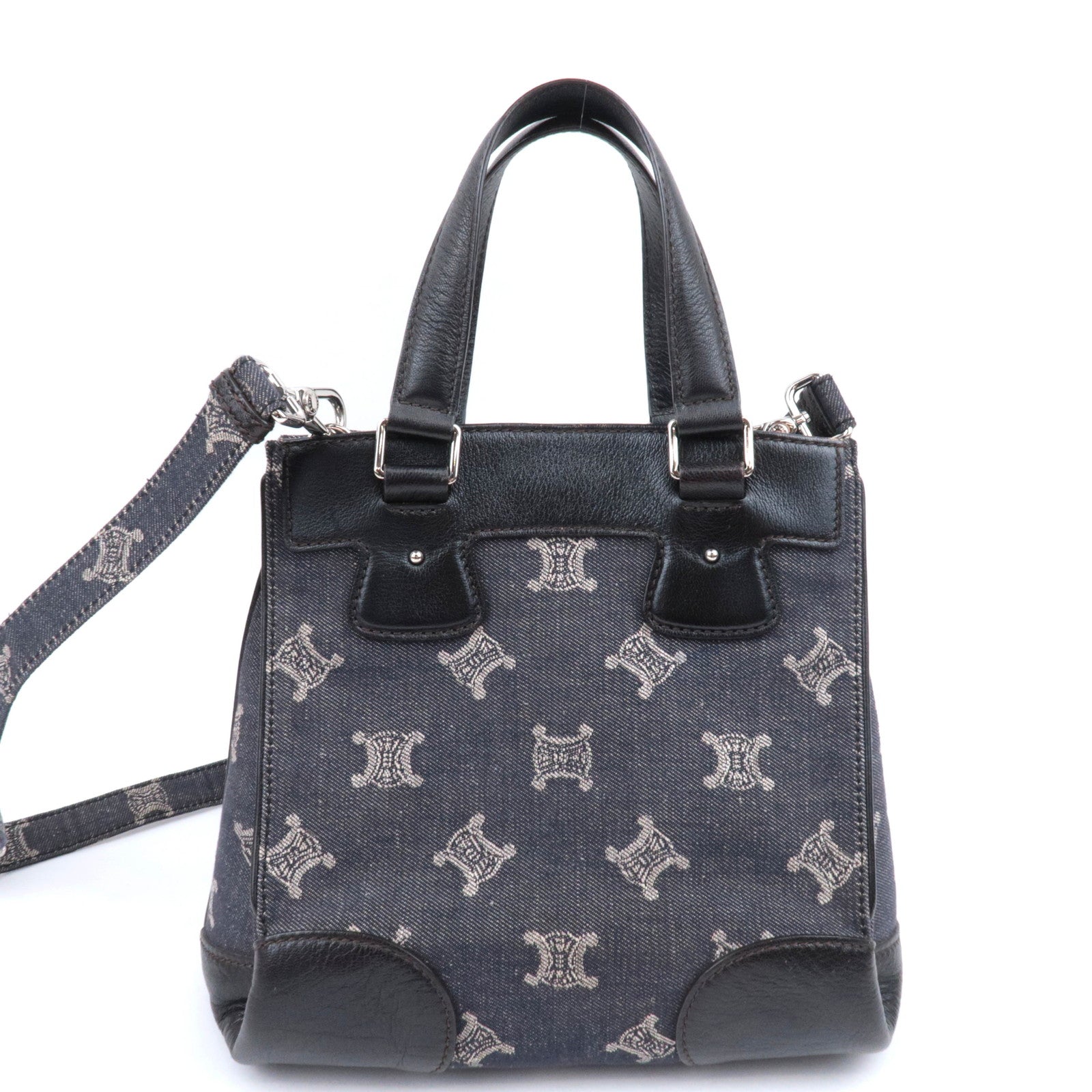 CELINE Paris Macadam 2Way Denim Leather Handbag Navy Brown
