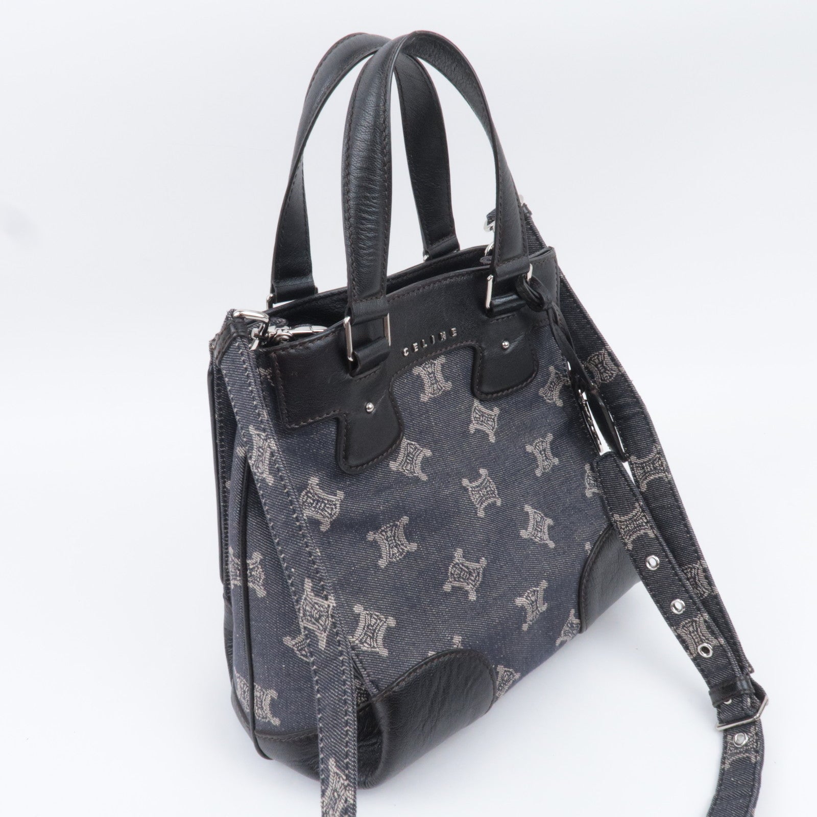 CELINE Paris Macadam 2Way Denim Leather Handbag Navy Brown