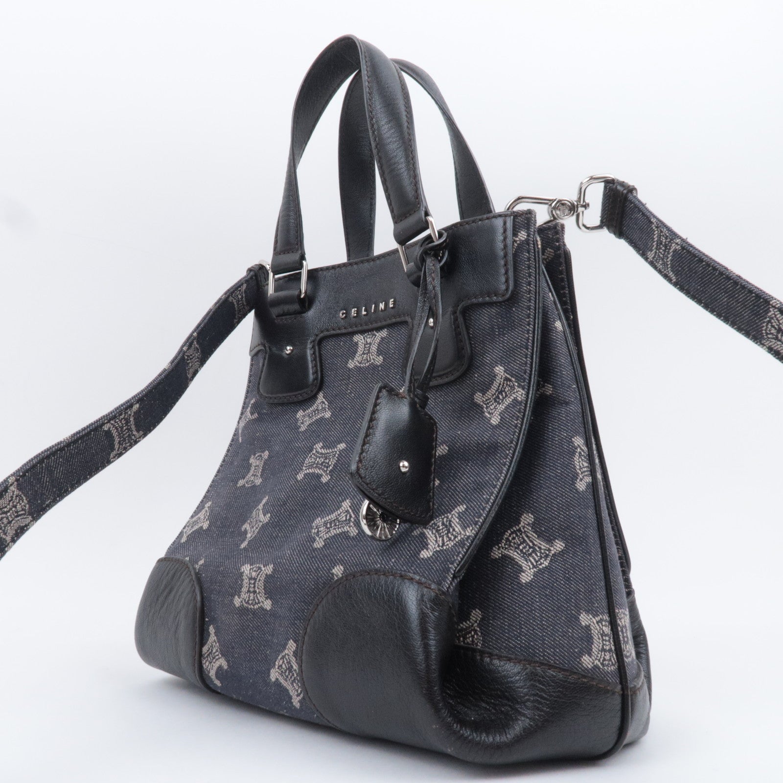 CELINE Paris Macadam 2Way Denim Leather Handbag Navy Brown
