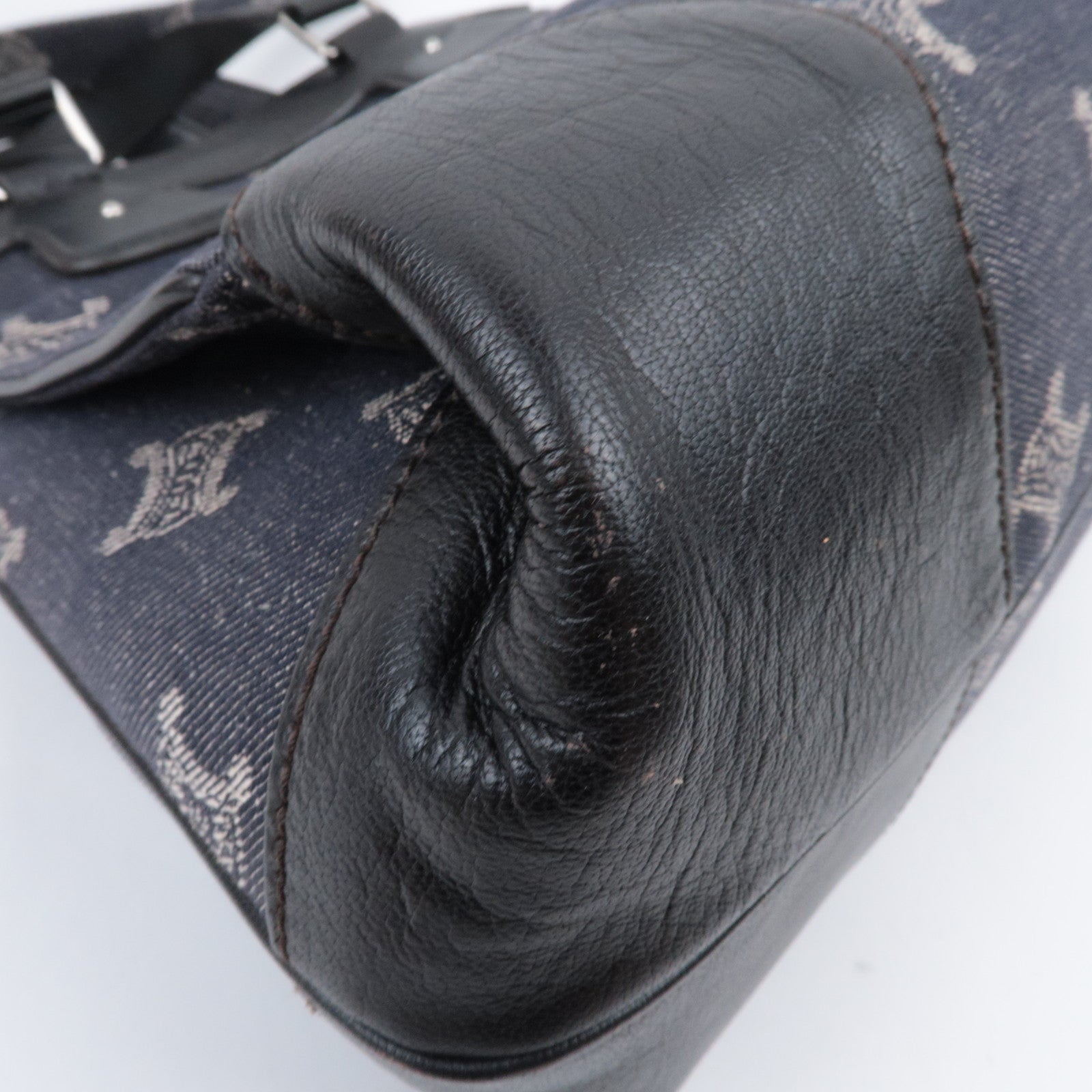 CELINE Paris Macadam 2Way Denim Leather Handbag Navy Brown