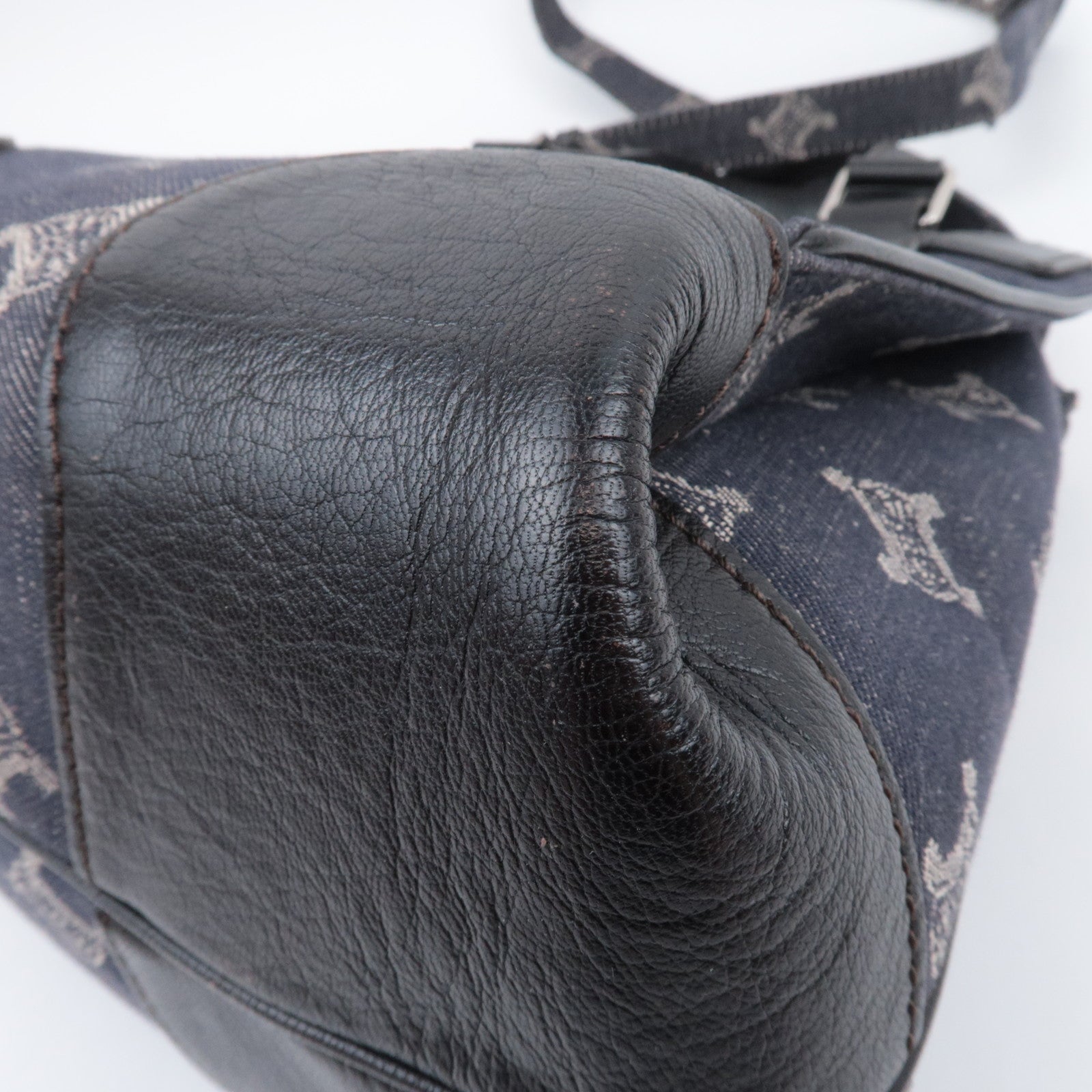 CELINE Paris Macadam 2Way Denim Leather Handbag Navy Brown