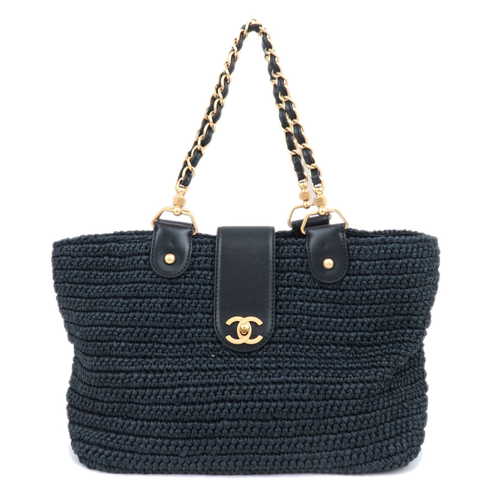 CHANEL Coco Mark Raffia Leather Chain Tote Bag Black Gold HDW90195