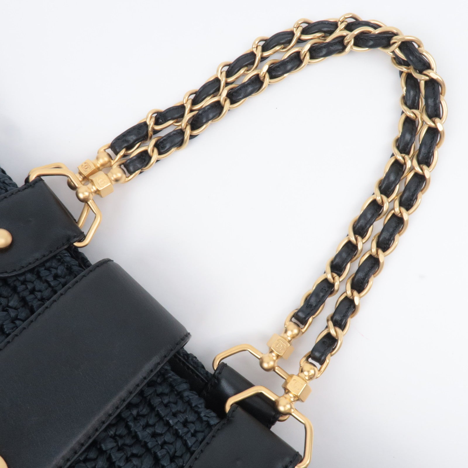 CHANEL Coco Mark Raffia Leather Chain Tote Bag Black Gold HDW