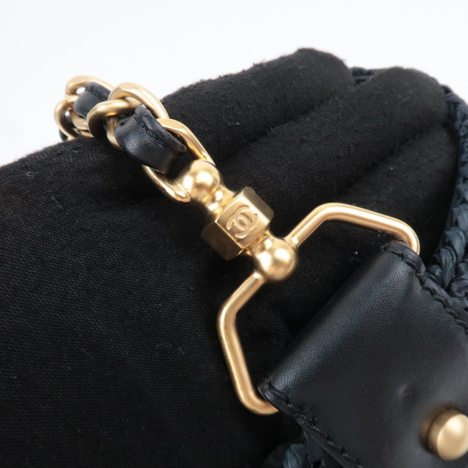 CHANEL Coco Mark Raffia Leather Chain Tote Bag Black Gold HDW