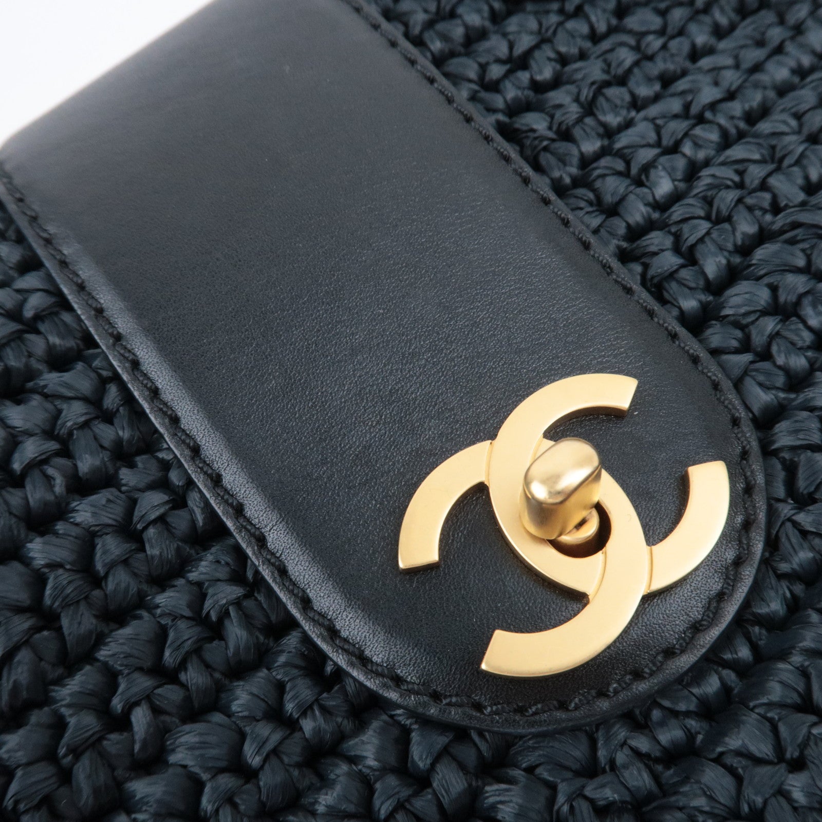 CHANEL Coco Mark Raffia Leather Chain Tote Bag Black Gold HDW