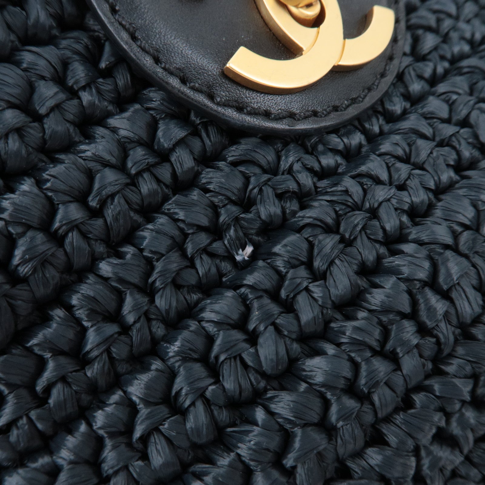 CHANEL Coco Mark Raffia Leather Chain Tote Bag Black Gold HDW