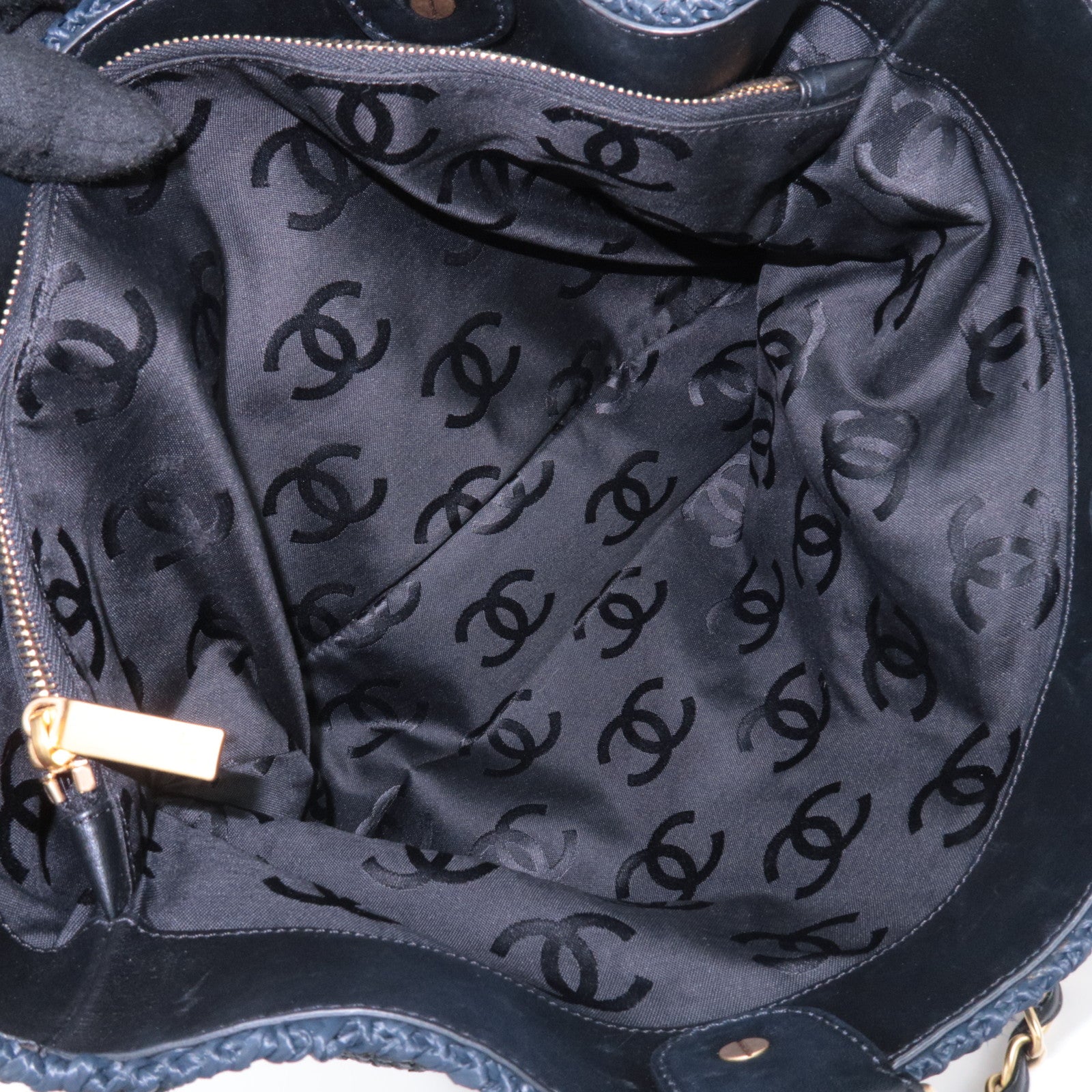 CHANEL Coco Mark Raffia Leather Chain Tote Bag Black Gold HDW