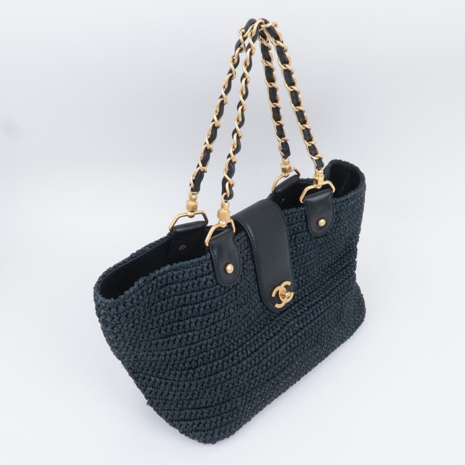 CHANEL Coco Mark Raffia Leather Chain Tote Bag Black Gold HDW
