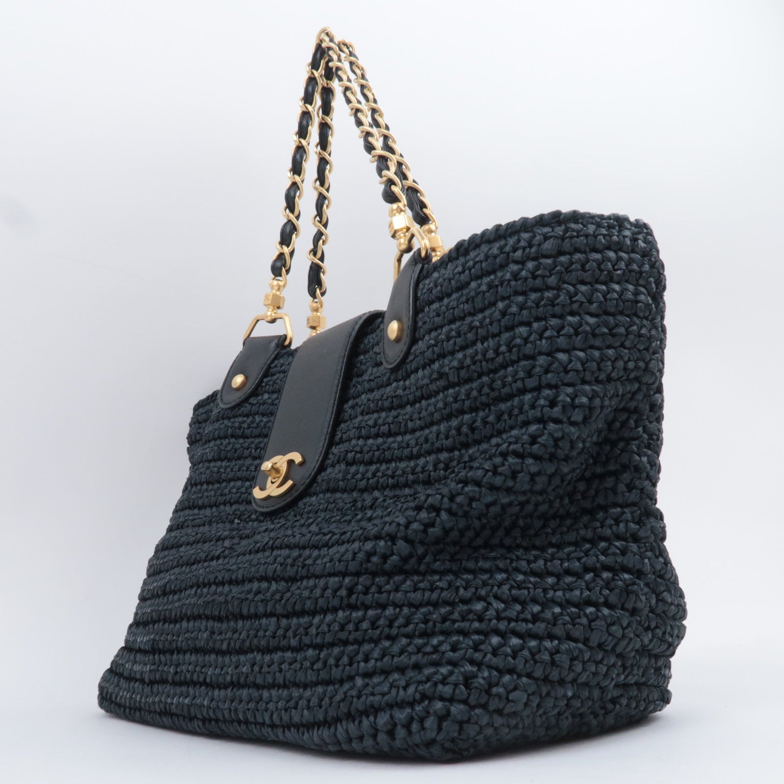 CHANEL Coco Mark Raffia Leather Chain Tote Bag Black Gold HDW