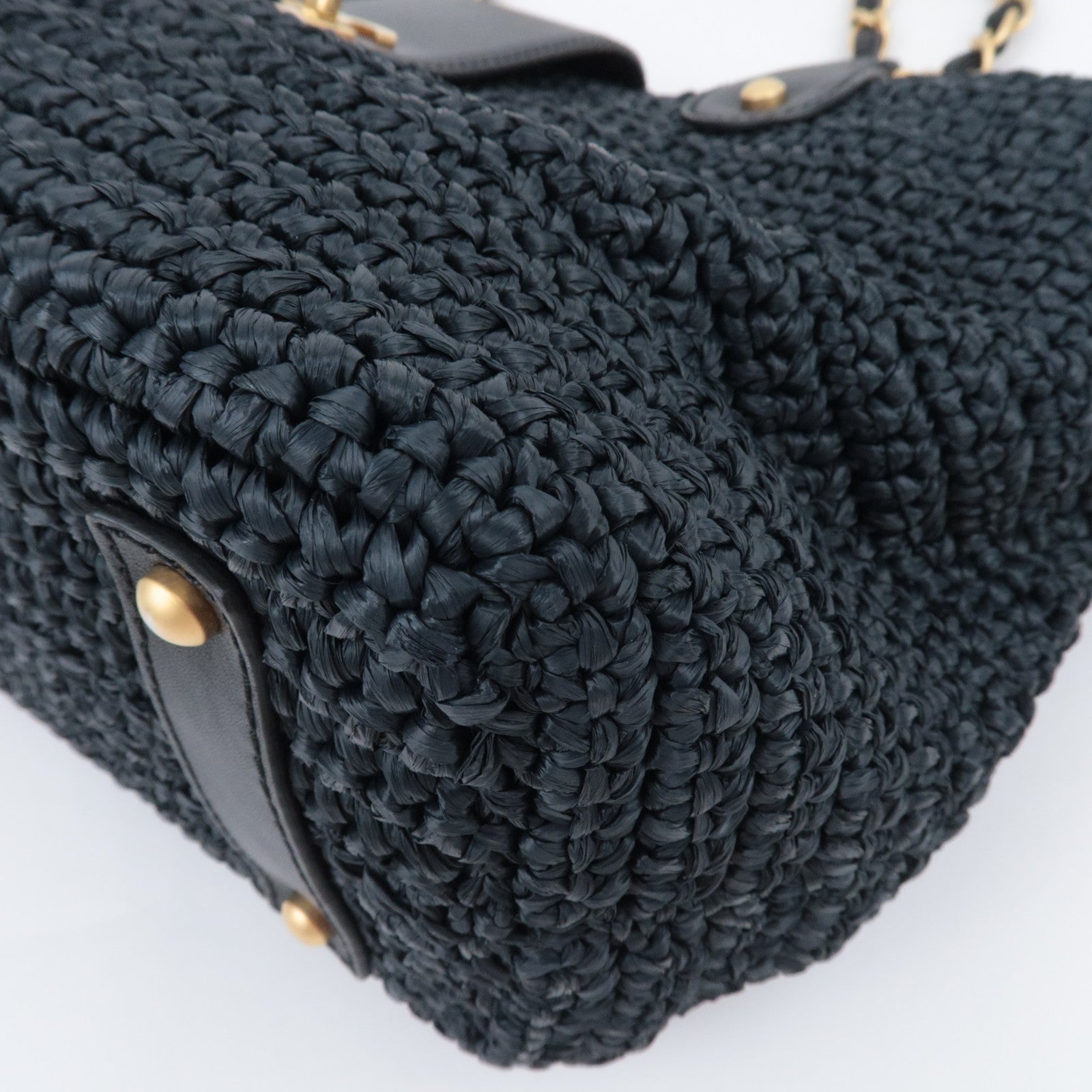 CHANEL Coco Mark Raffia Leather Chain Tote Bag Black Gold HDW