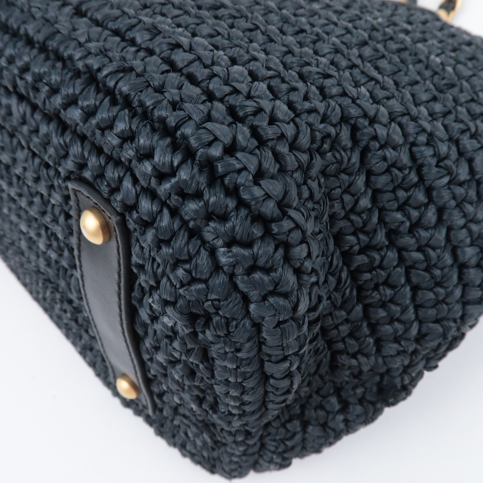 CHANEL Coco Mark Raffia Leather Chain Tote Bag Black Gold HDW