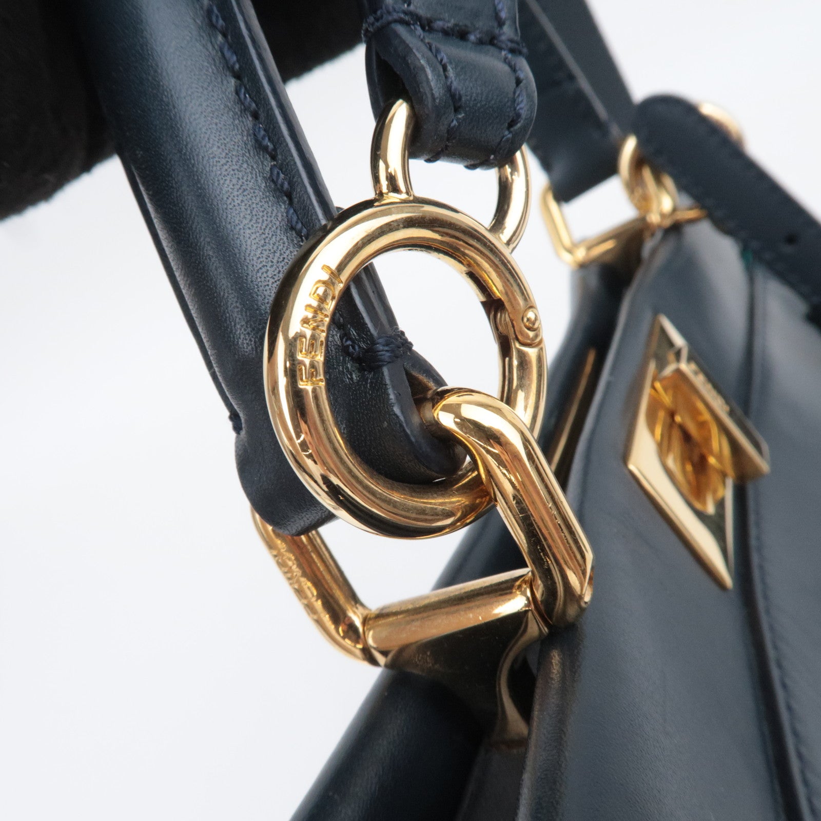 FENDI Peekaboo Regular 2Way Leather Handbag Navy 8BN226