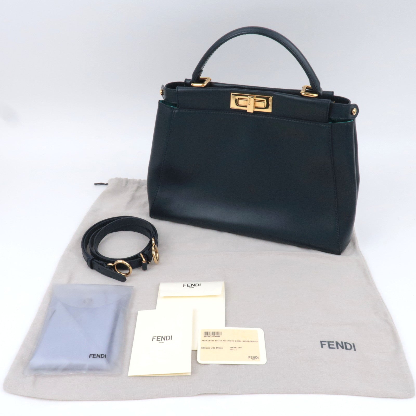 FENDI Peekaboo Regular 2Way Leather Handbag Navy 8BN226