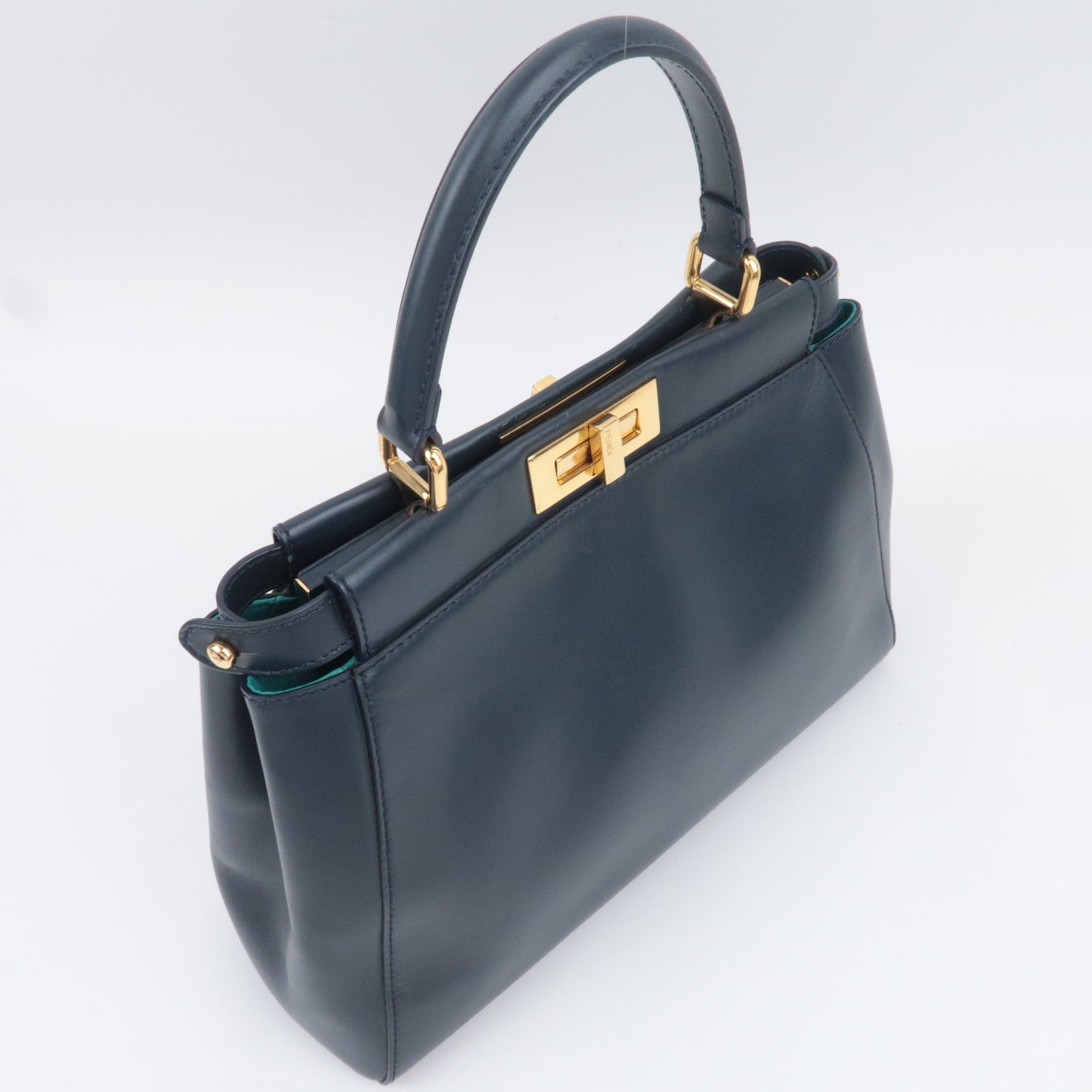 FENDI Peekaboo Regular 2Way Leather Handbag Navy 8BN226