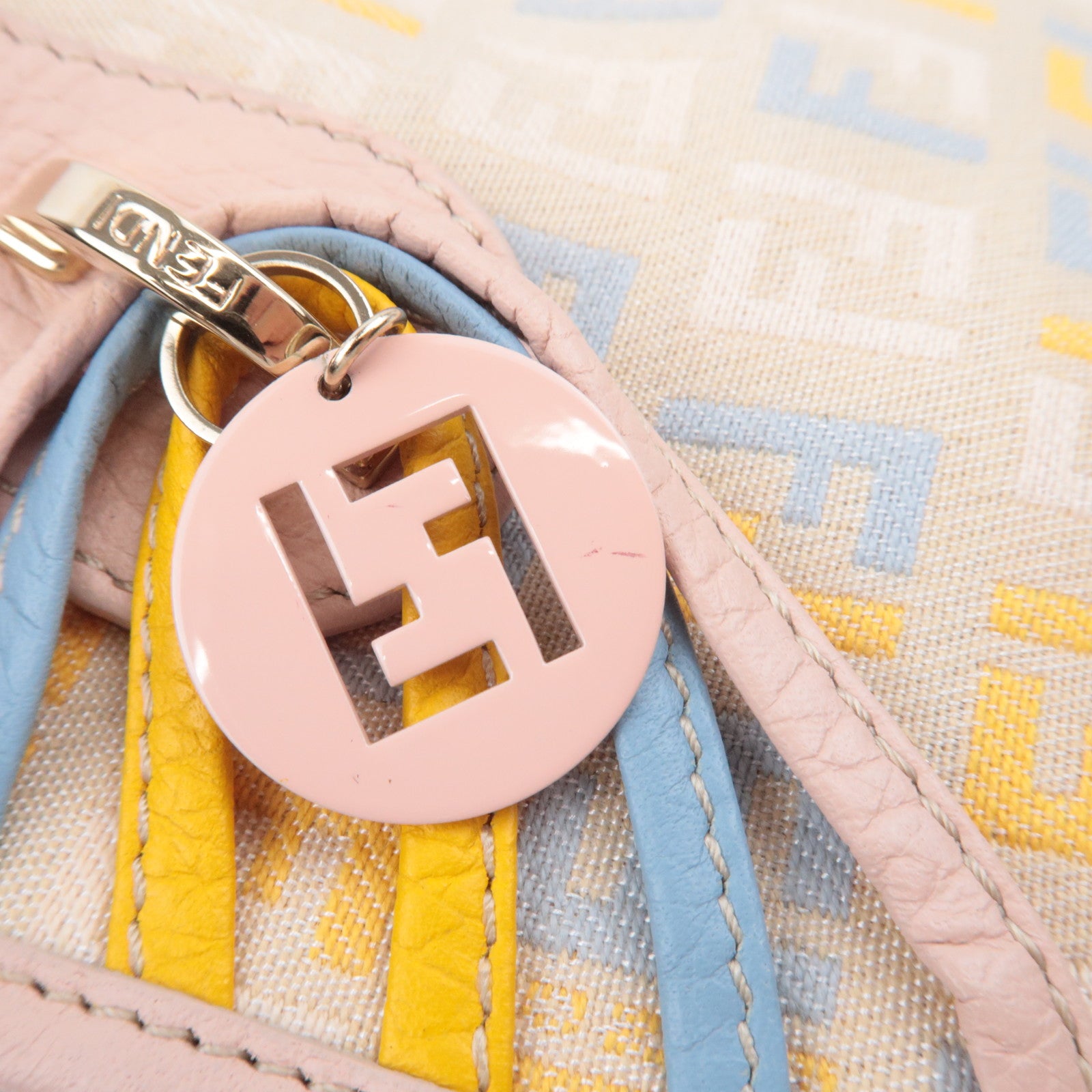 FENDI Zucchino Canvas Leather Handbag Beige Pink 8BH152