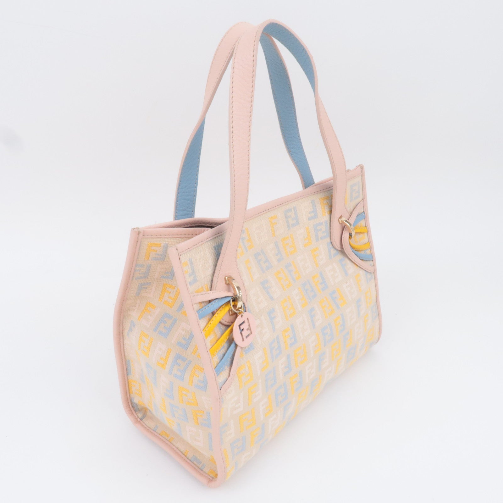 FENDI Zucchino Canvas Leather Handbag Beige Pink 8BH152