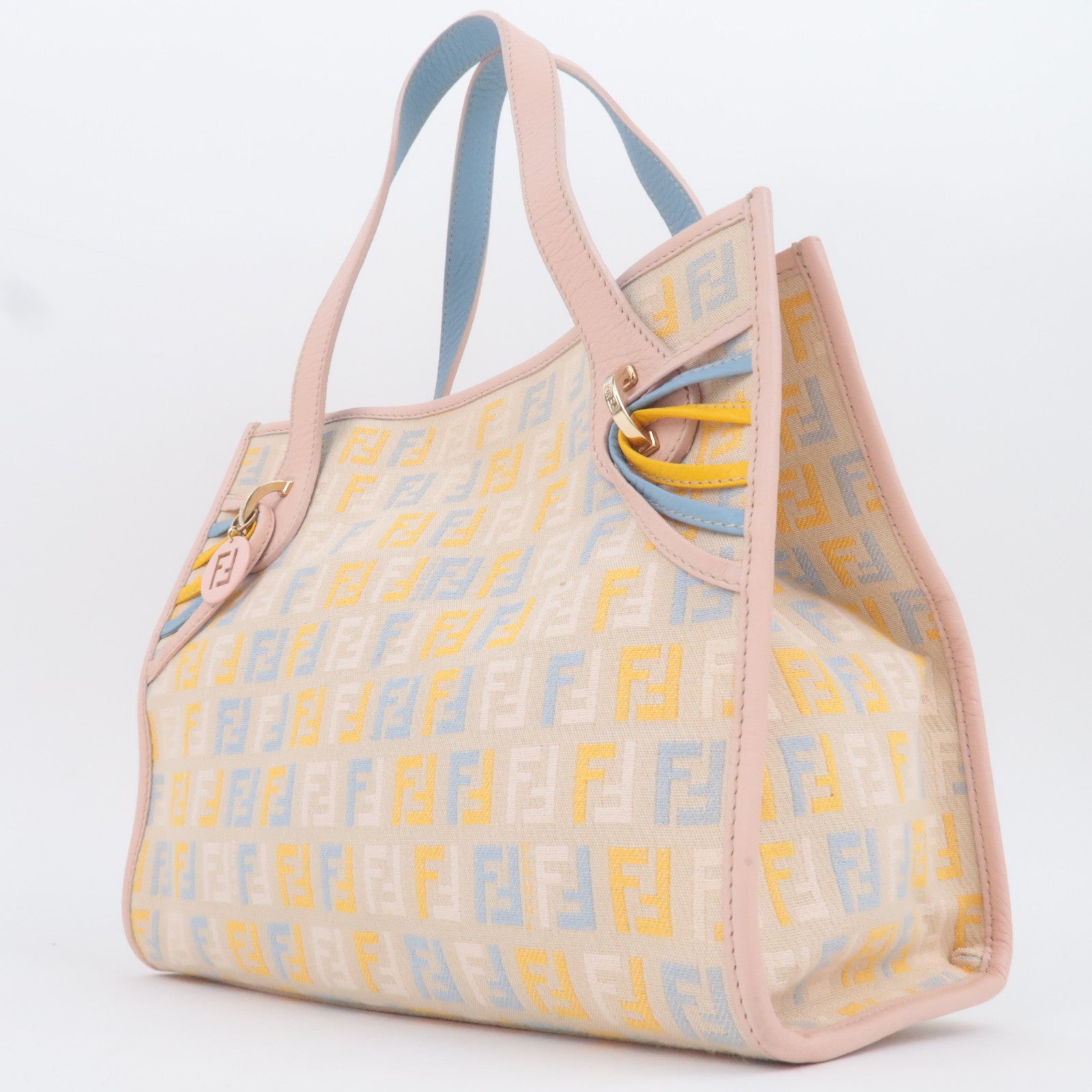 FENDI Zucchino Canvas Leather Handbag Beige Pink 8BH152