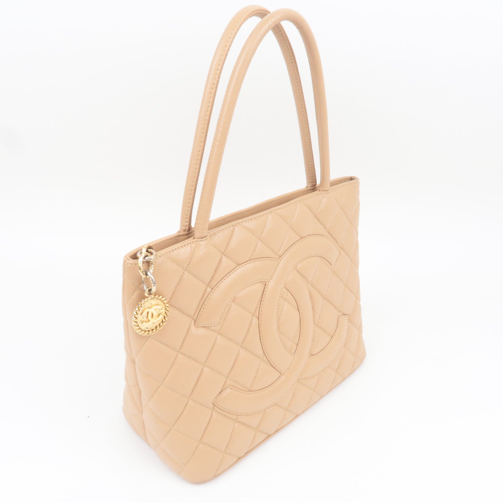 CHANEL Medallion Tote Bag Caviarskin Beige Gold HDW A01804