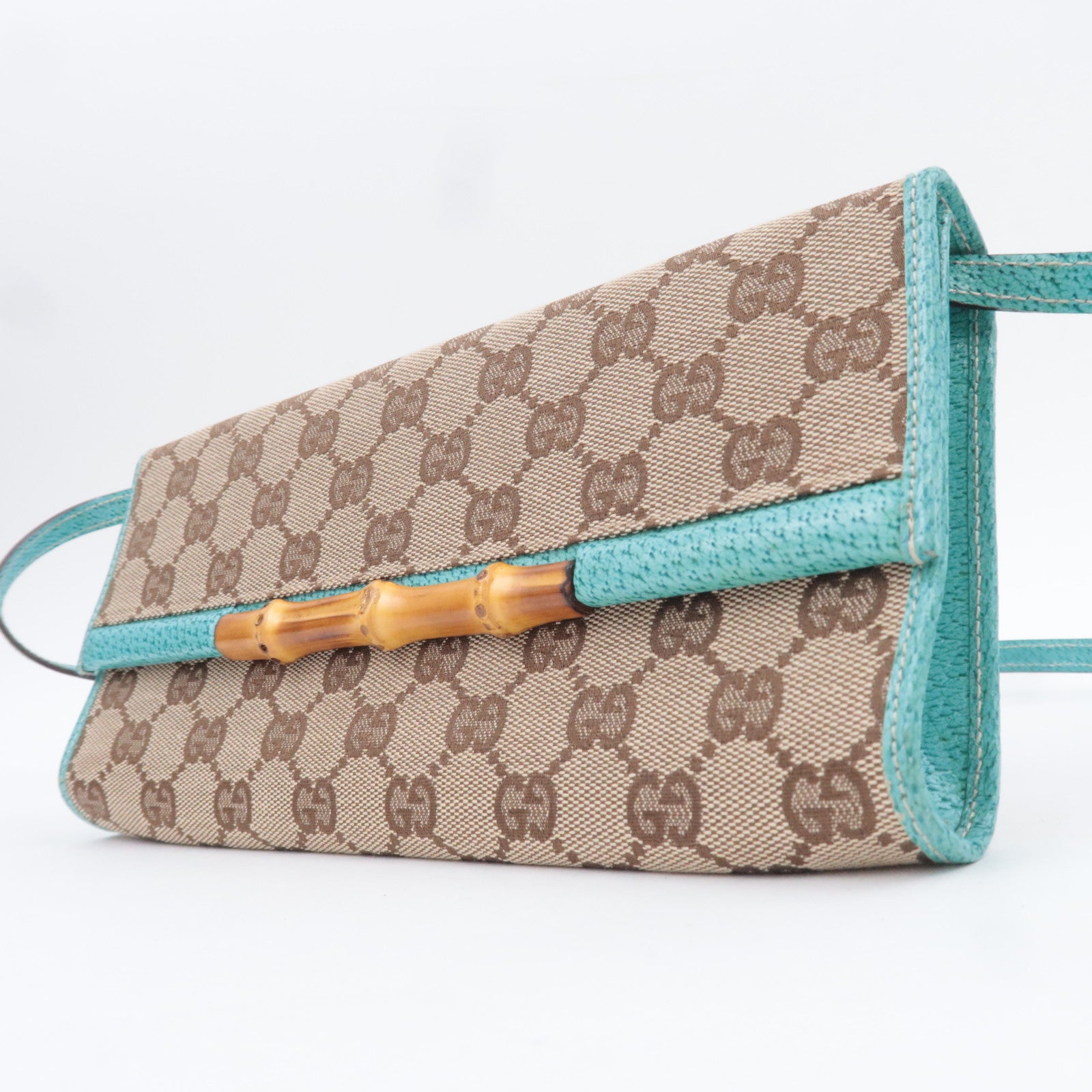 GUCCI Bamboo GG Canvas Shoulder Bag Beige Turquoise 117594