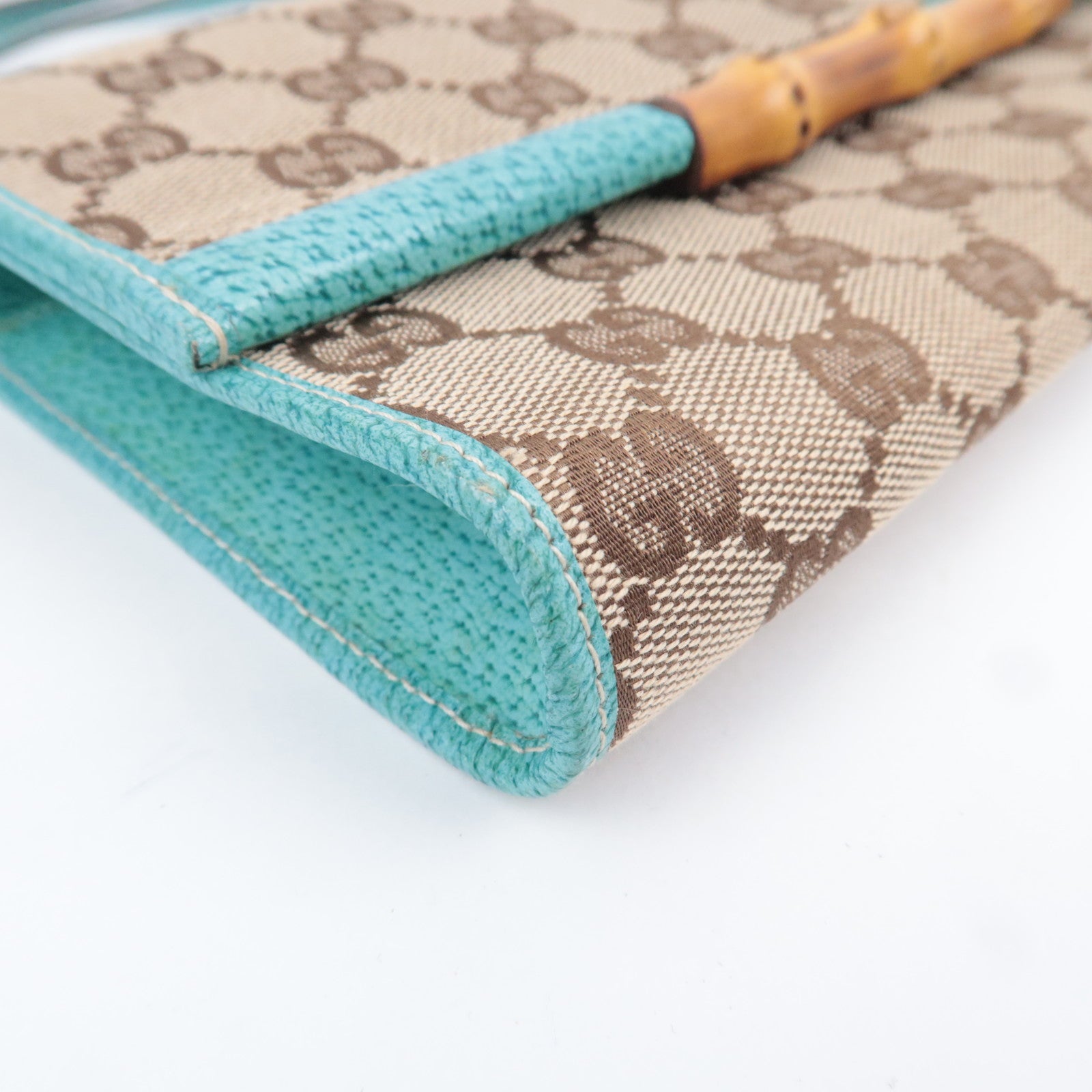 GUCCI Bamboo GG Canvas Shoulder Bag Beige Turquoise 117594
