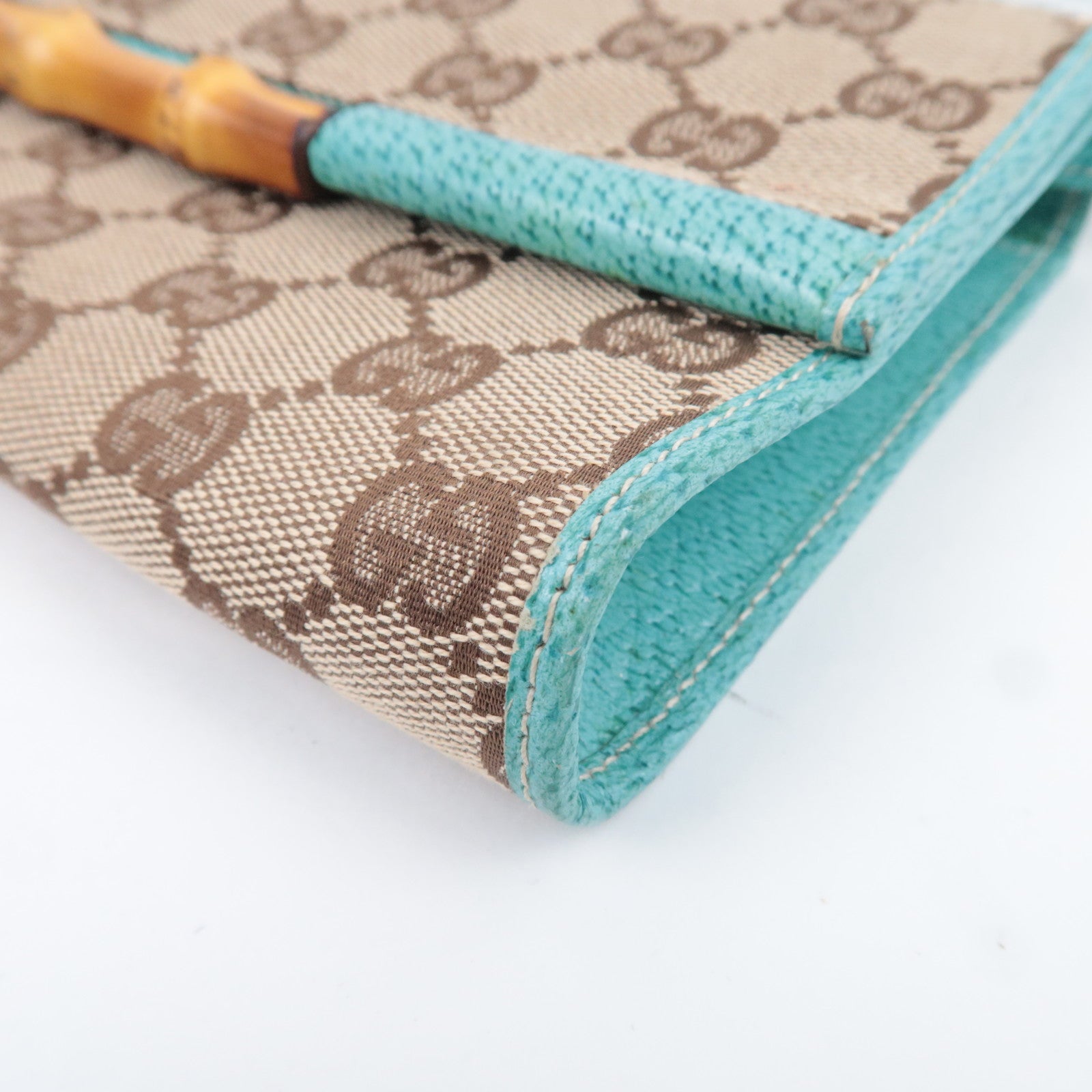 GUCCI Bamboo GG Canvas Shoulder Bag Beige Turquoise 117594