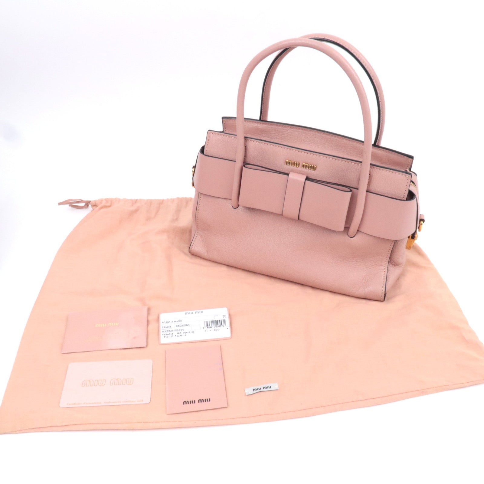 MIU MIU Ribbon Madras Fiocco Leather Handbag Pink 5BA056