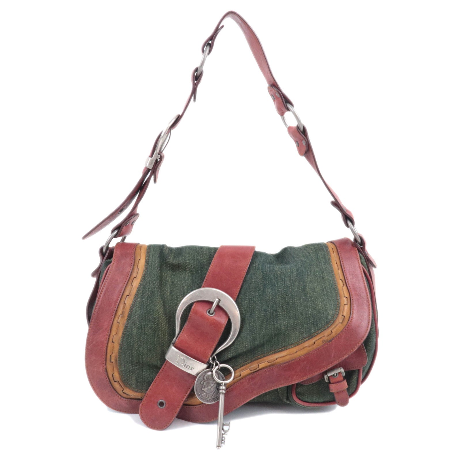 Christian Dior Gaucho Denim Leather Shoulder Bag Green Brown90329