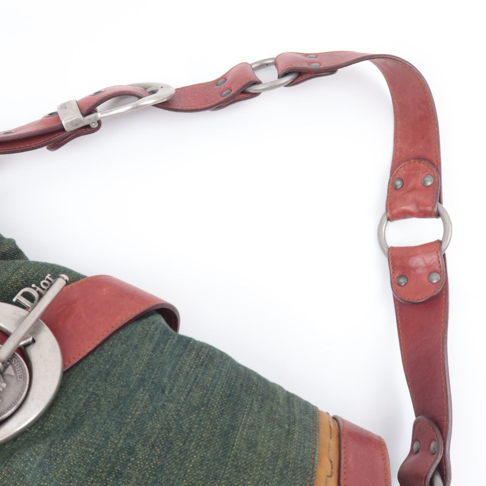 Christian Dior Gaucho Denim Leather Shoulder Bag Green Brown