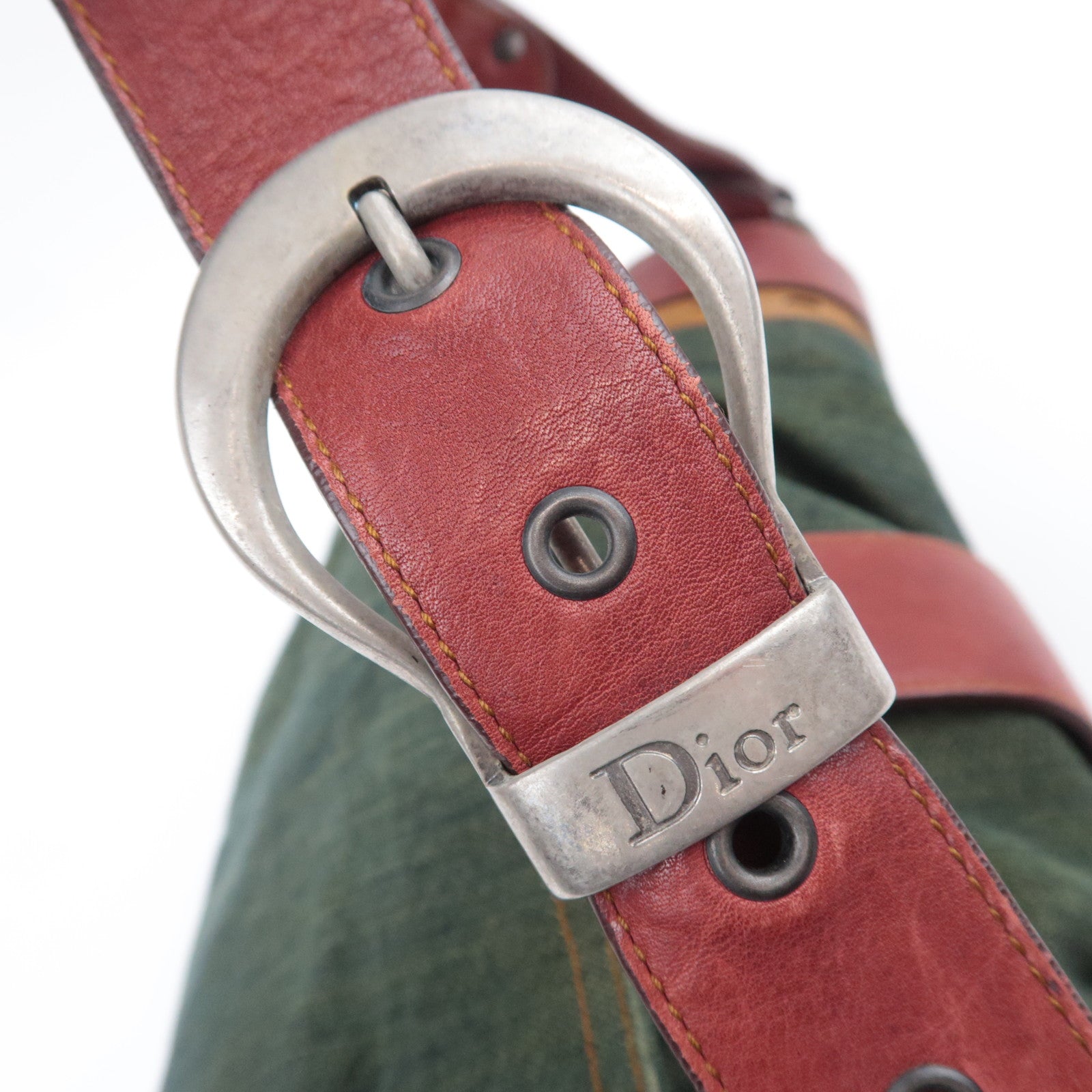 Christian Dior Gaucho Denim Leather Shoulder Bag Green Brown