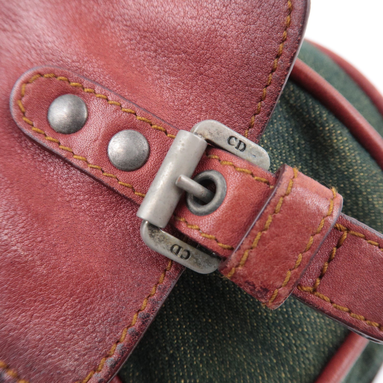 Christian Dior Gaucho Denim Leather Shoulder Bag Green Brown