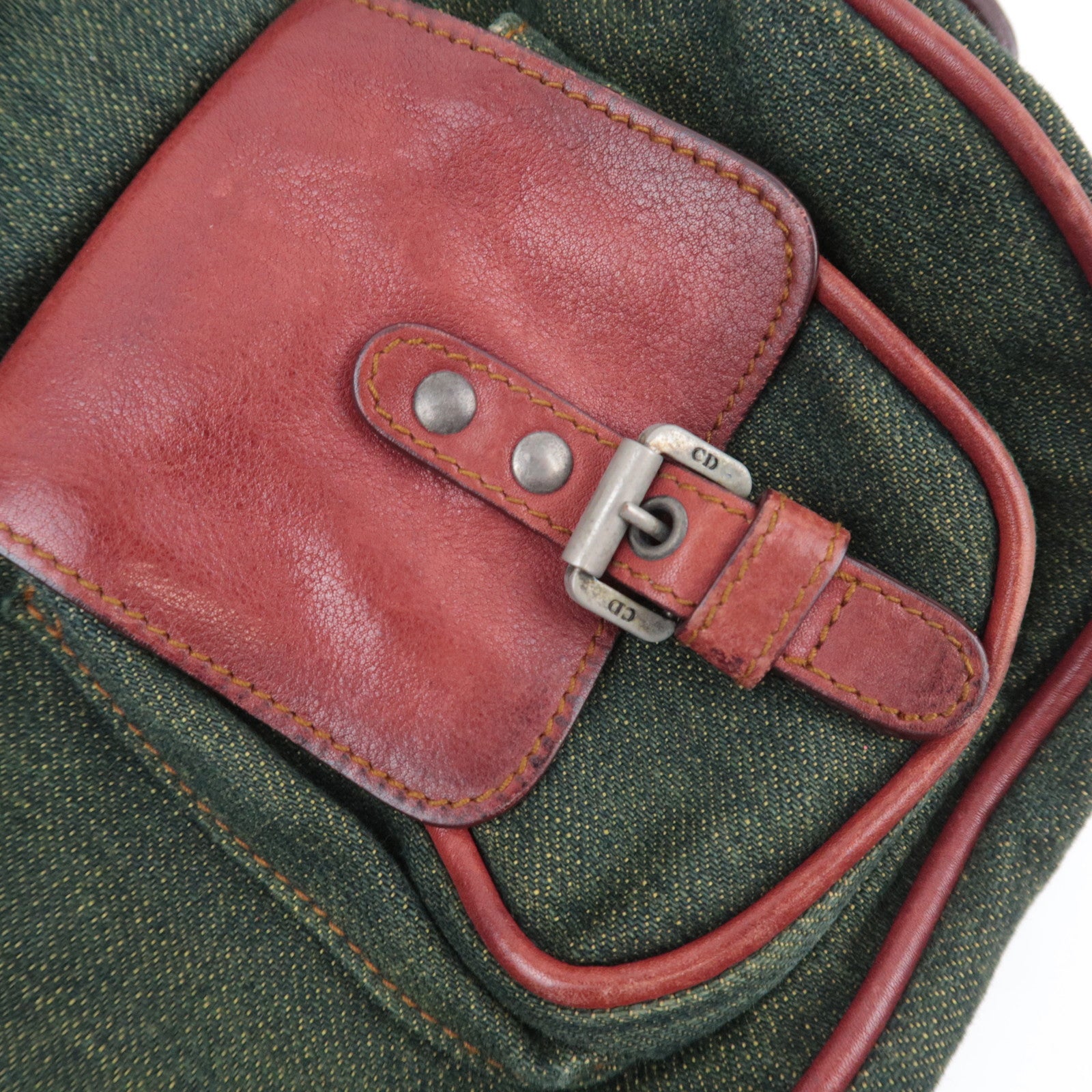 Christian Dior Gaucho Denim Leather Shoulder Bag Green Brown