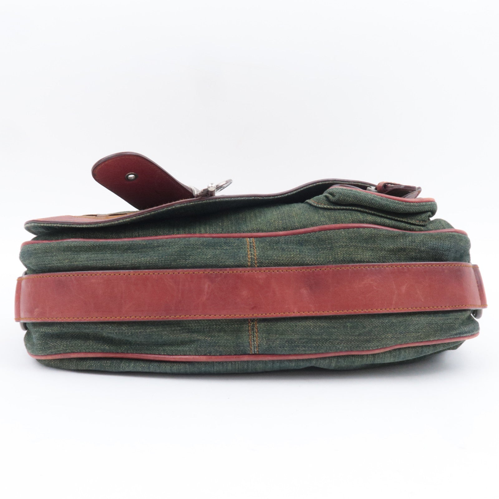 Christian Dior Gaucho Denim Leather Shoulder Bag Green Brown