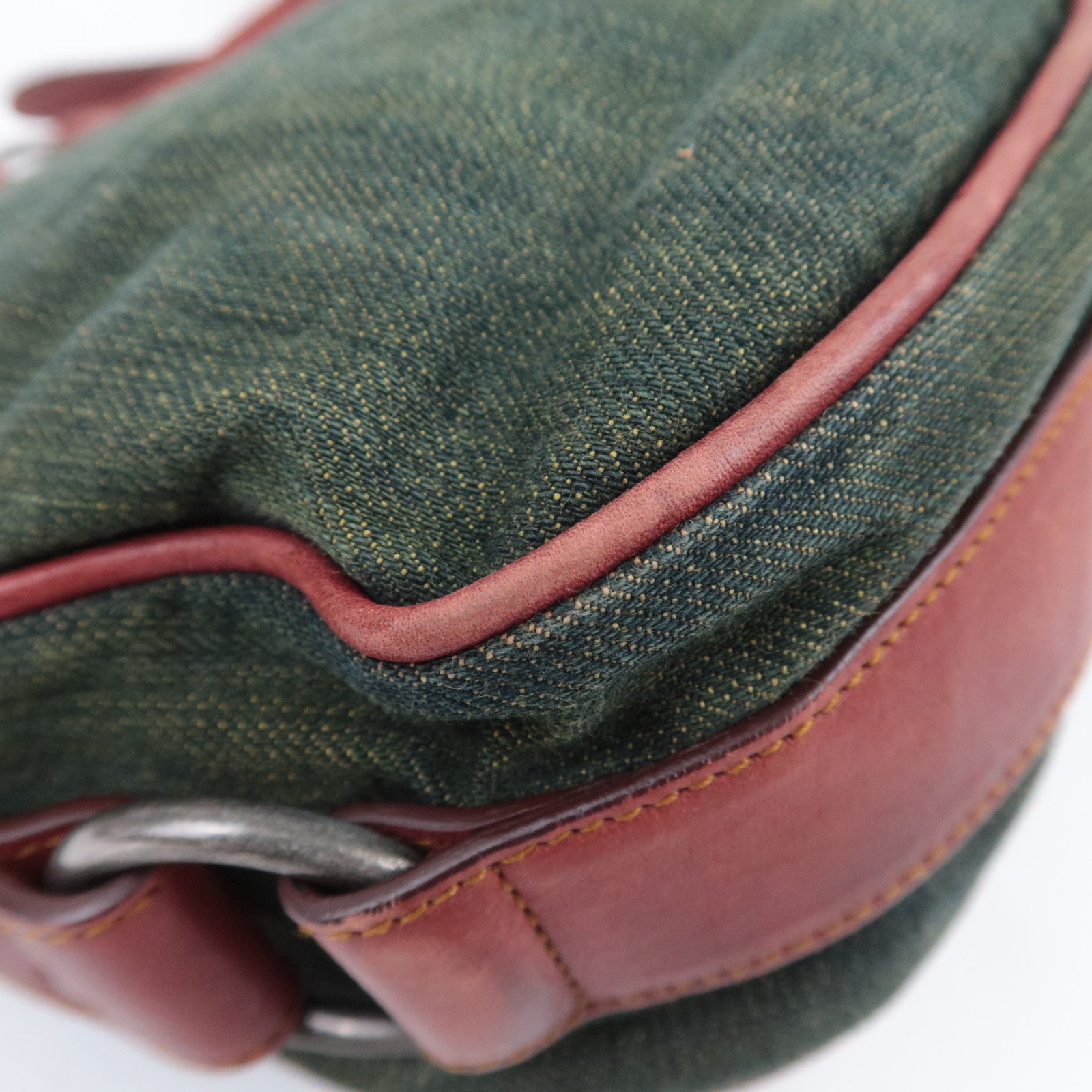 Christian Dior Gaucho Denim Leather Shoulder Bag Green Brown