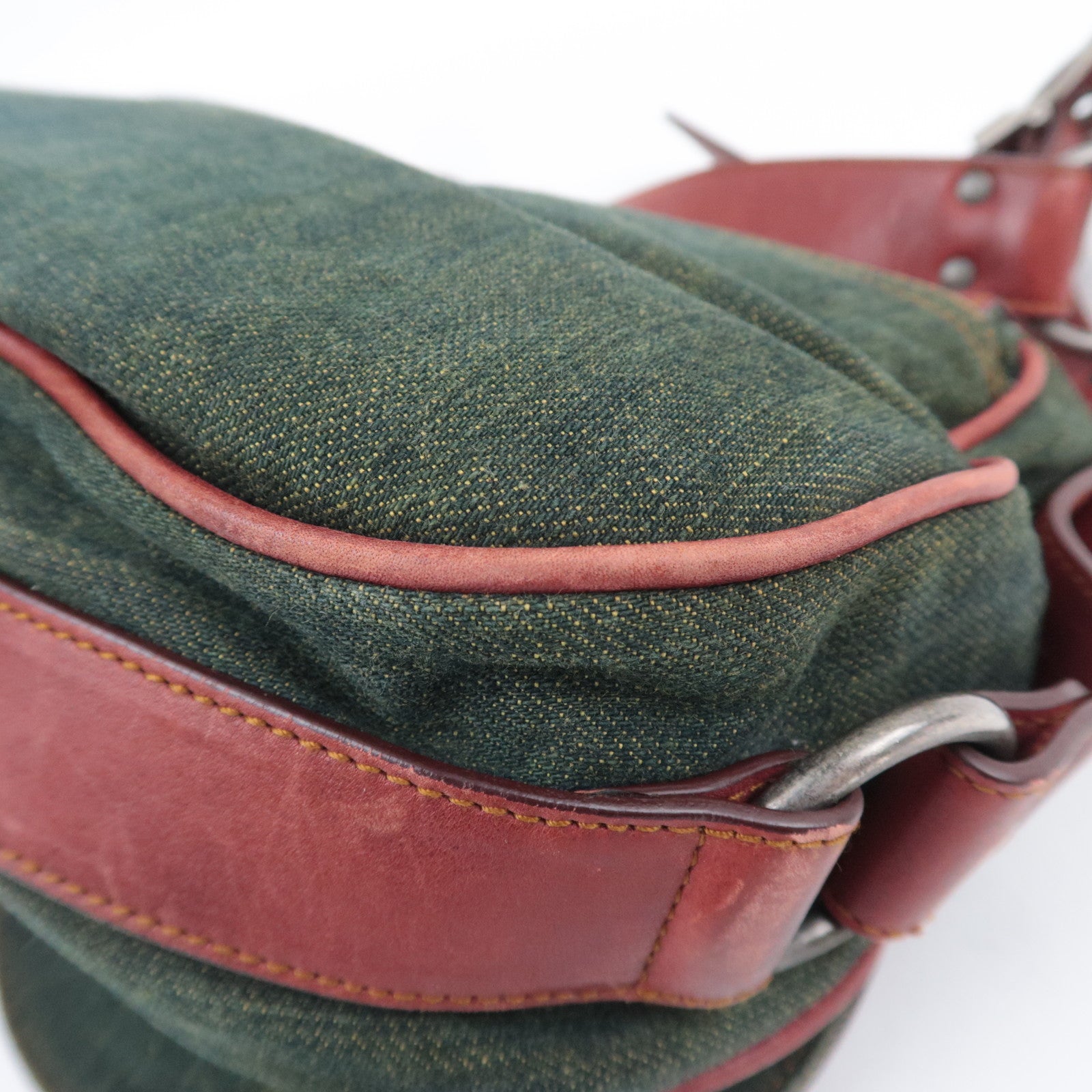 Christian Dior Gaucho Denim Leather Shoulder Bag Green Brown