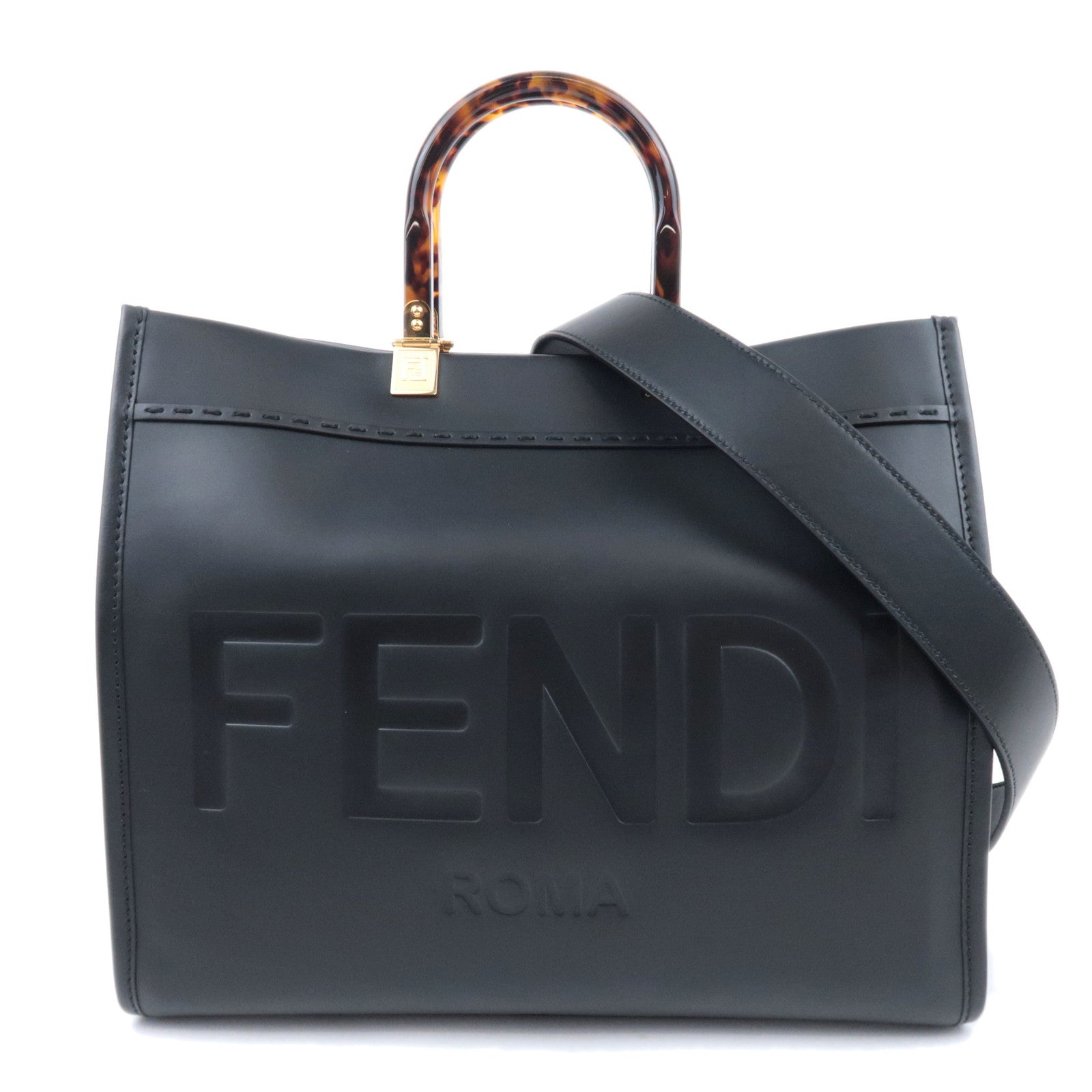 FENDI Sunshine Medium 2Way Leather Tote Bag Black 8BH38690342
