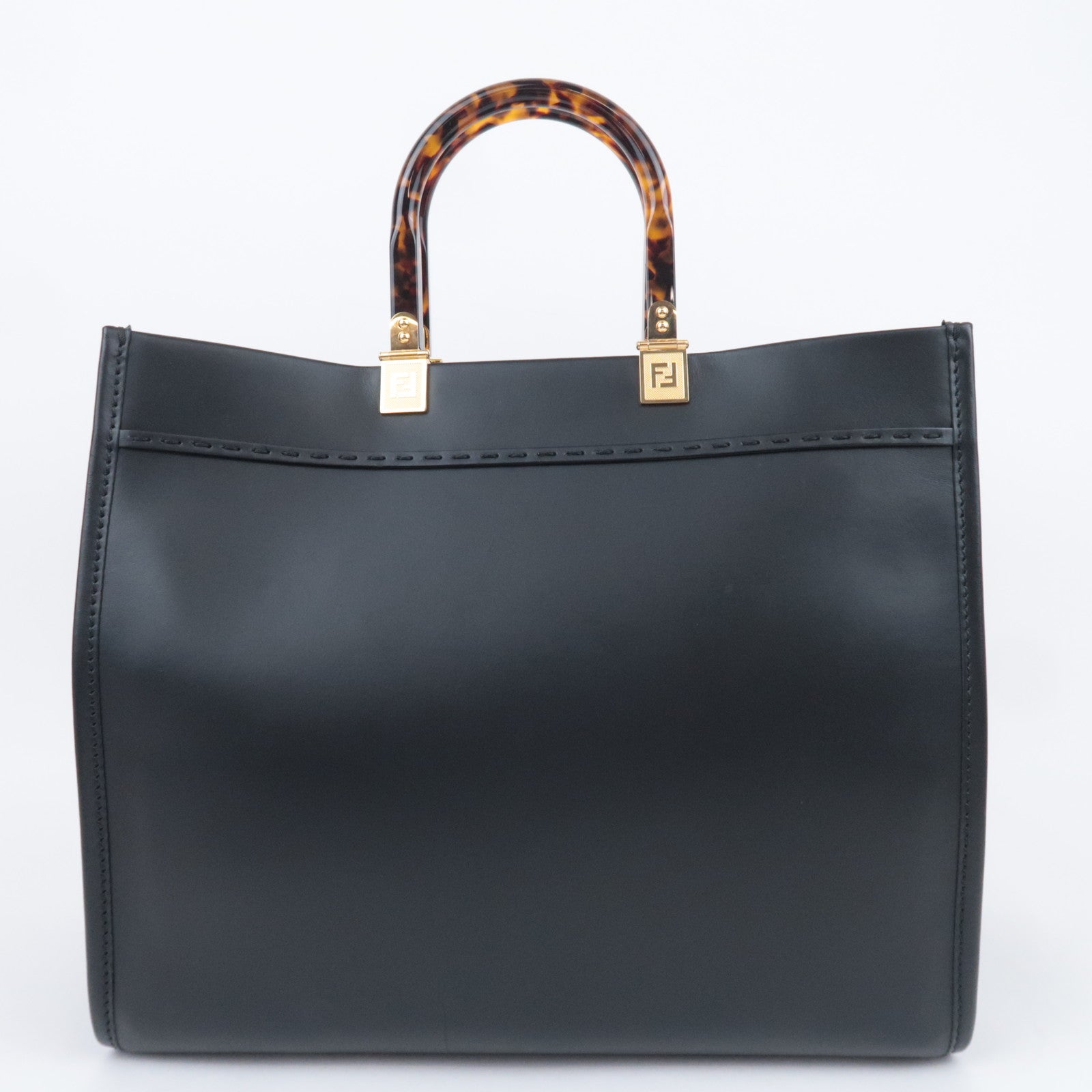FENDI Sunshine Medium 2Way Leather Tote Bag Black 8BH386
