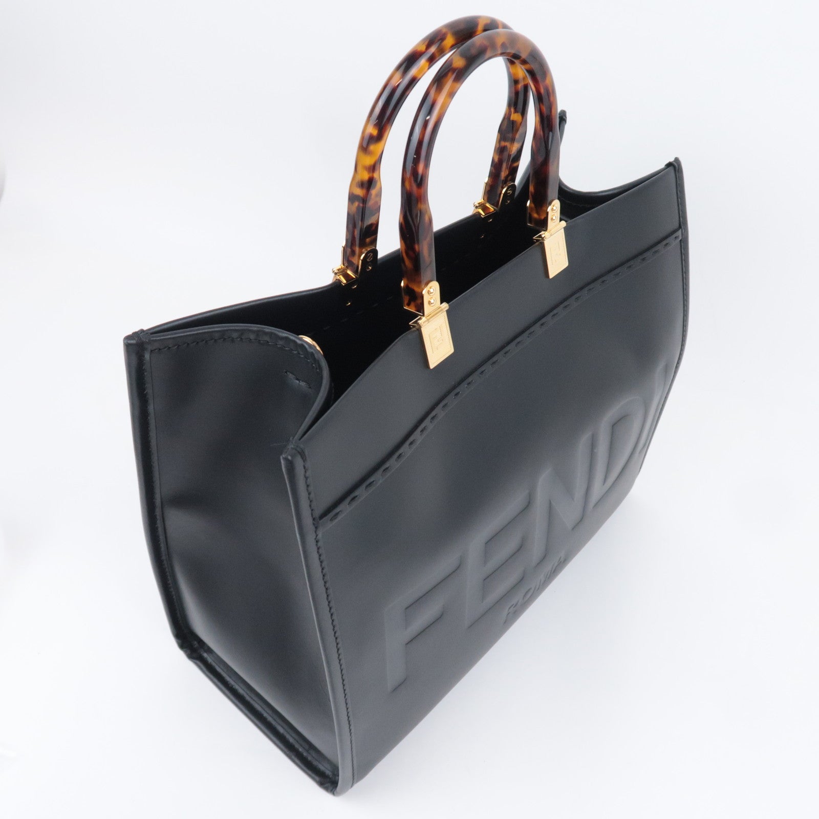 FENDI Sunshine Medium 2Way Leather Tote Bag Black 8BH386