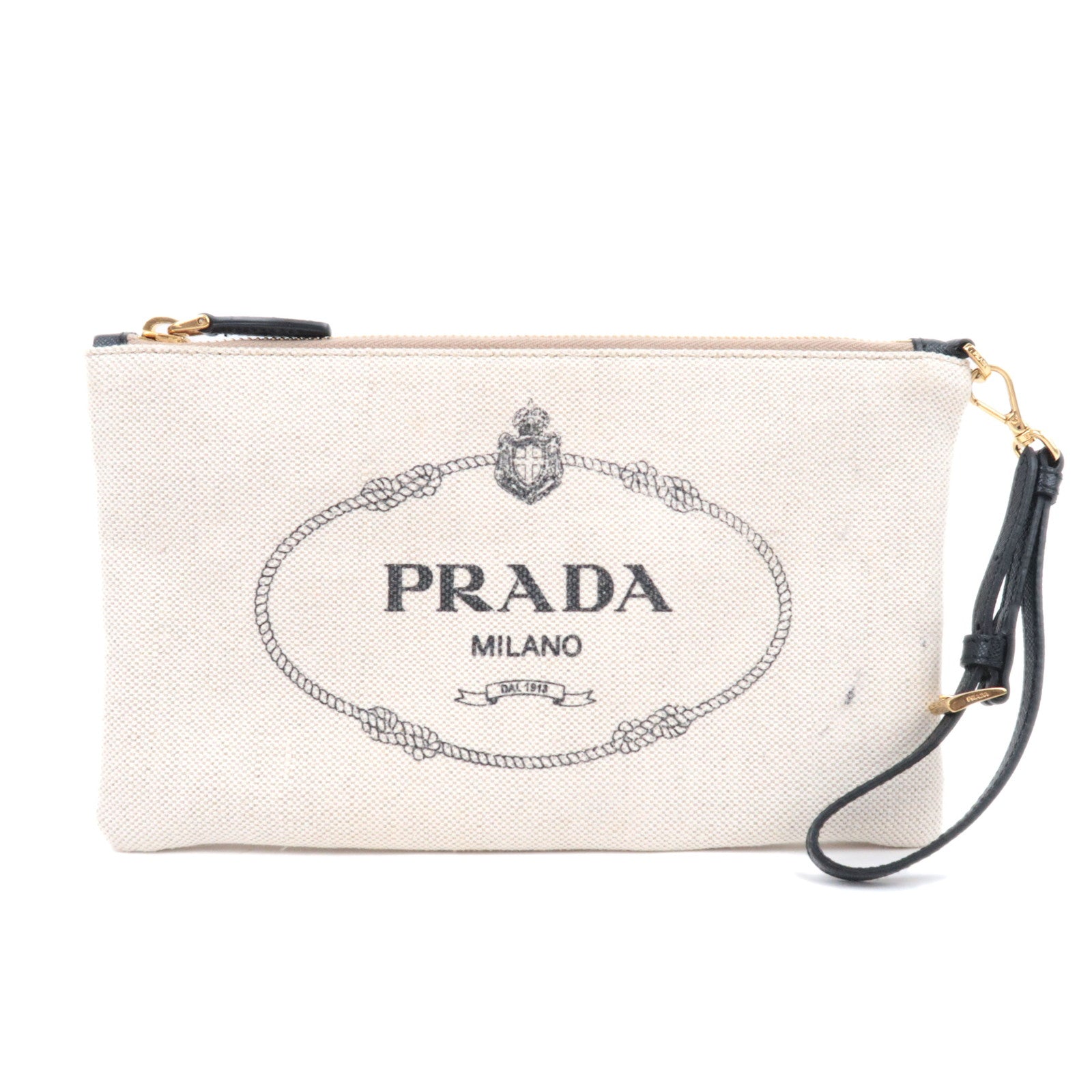 PRADA Canvas Leather Wristlet Pouch Ivory Black90380