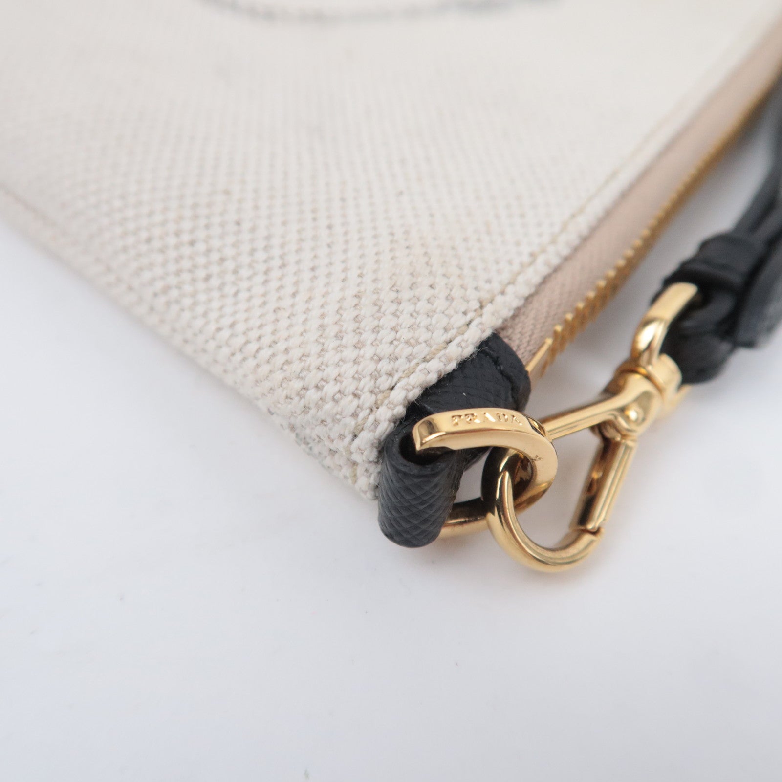 PRADA Canvas Leather Wristlet Pouch Ivory Black