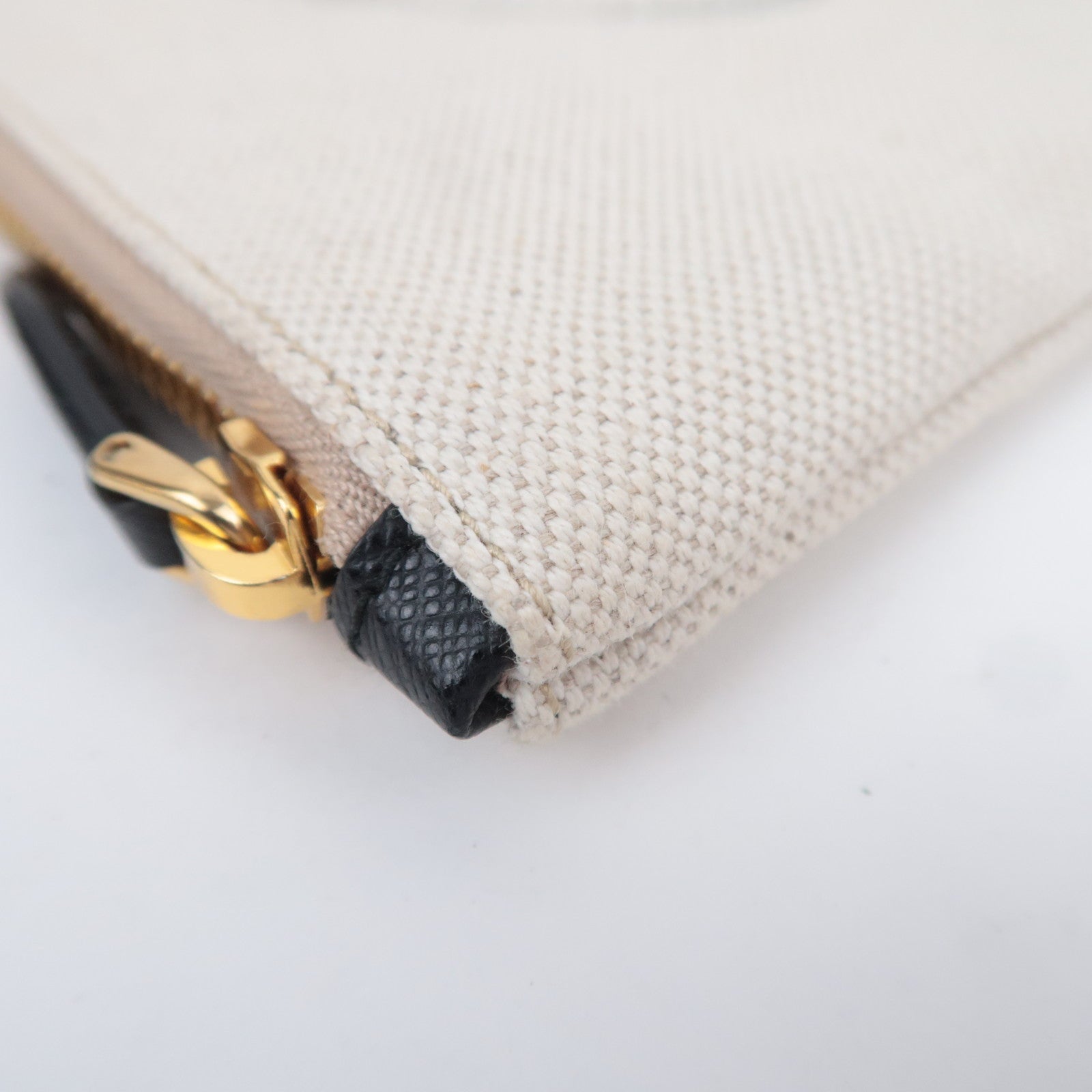 PRADA Canvas Leather Wristlet Pouch Ivory Black