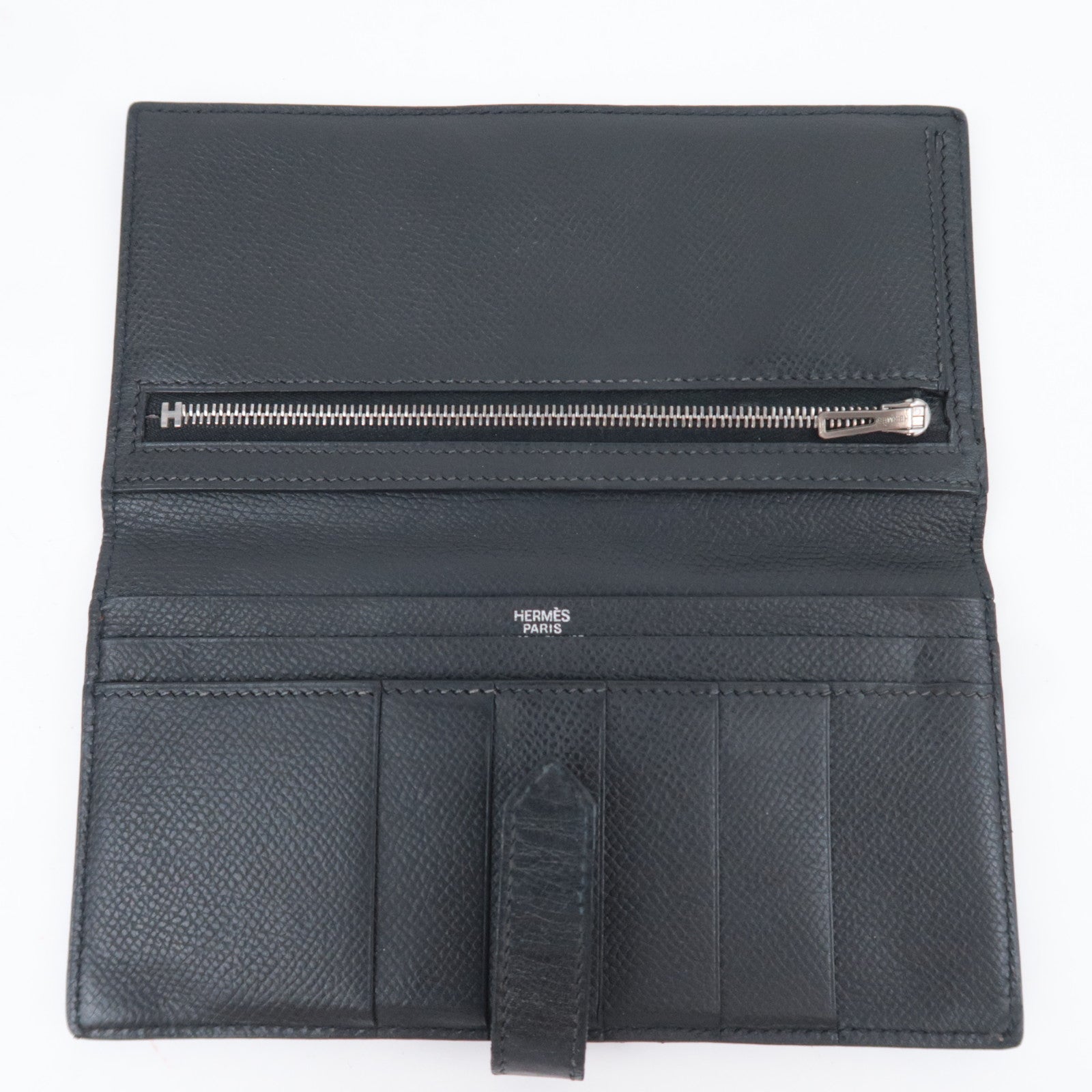 HERMES Bearn Classic Leather Long Wallet □I Stamp (2005) Black Silver HDW