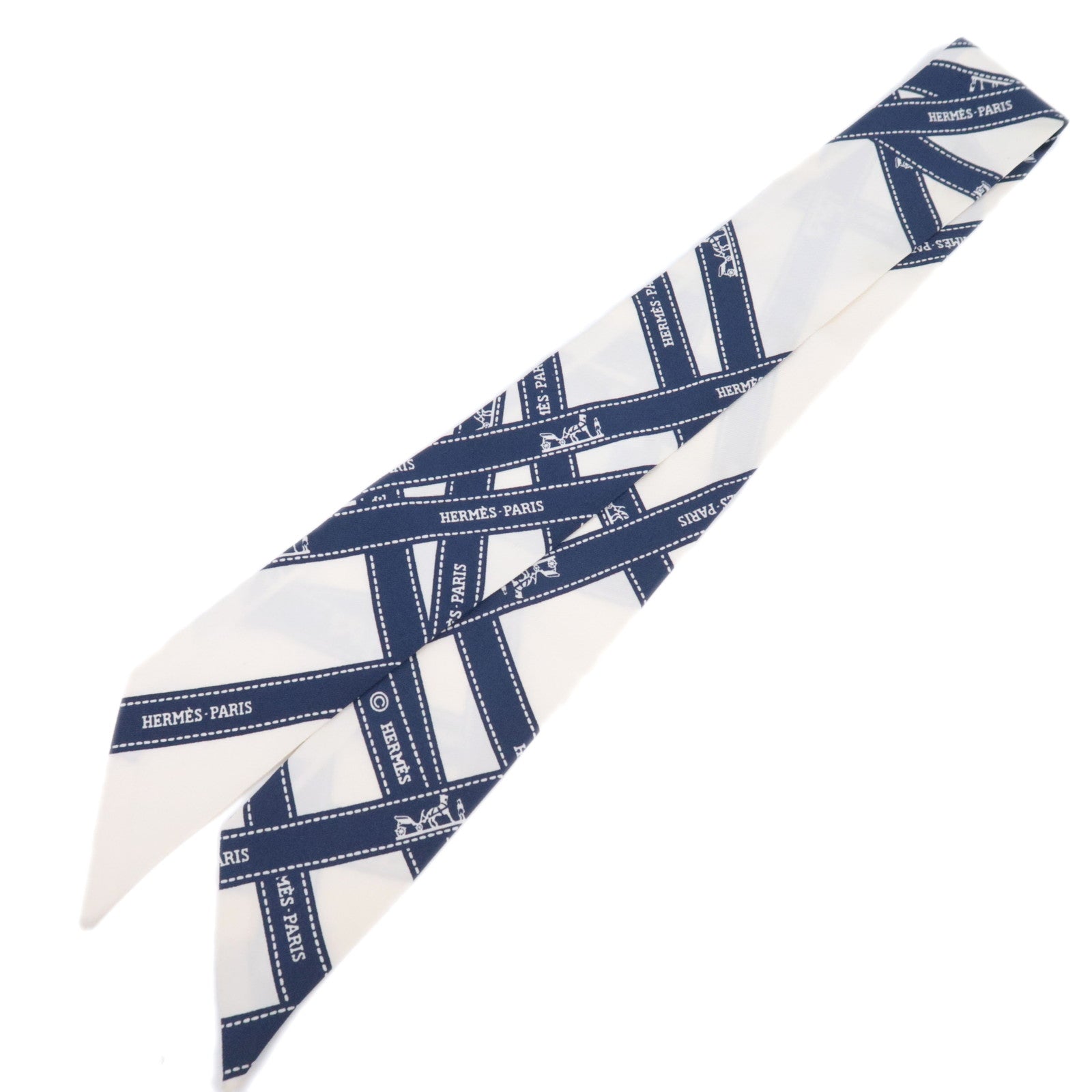 HERMES Twilly Scarf Bolduc 100% Silk Ivory Navy90396