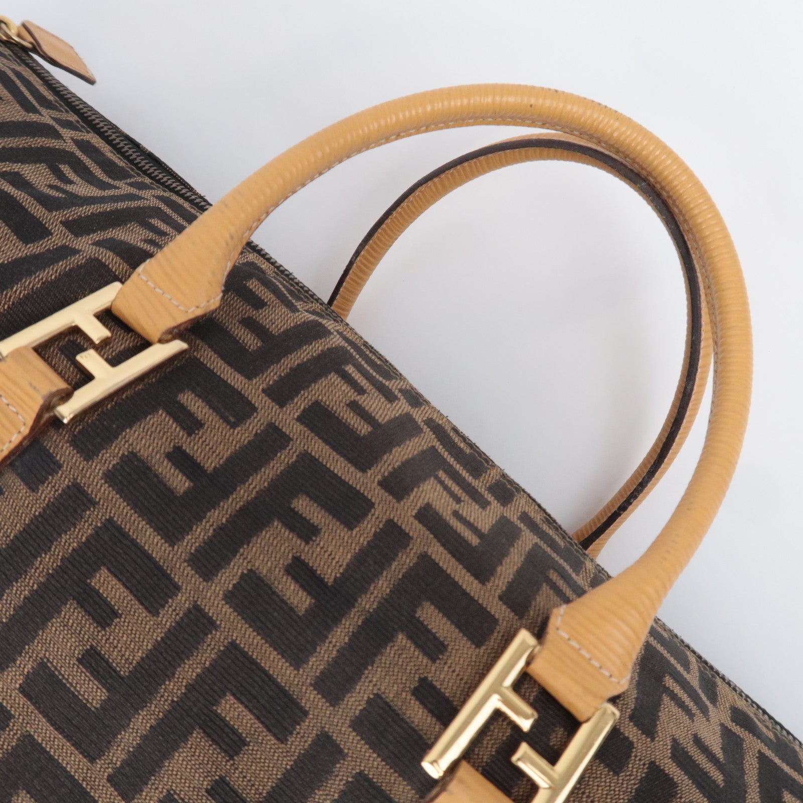 FENDI Zucca Canvas Leather Boston Bag Brown