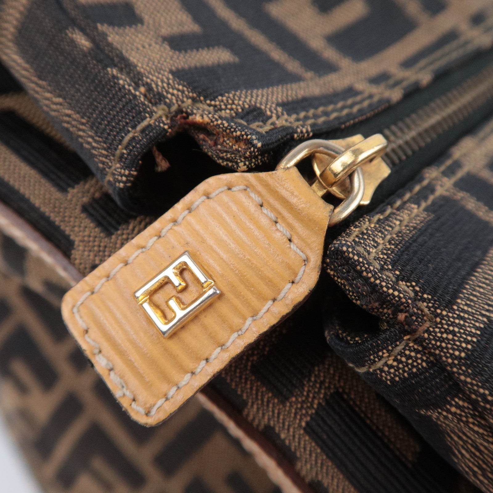 FENDI Zucca Canvas Leather Boston Bag Brown