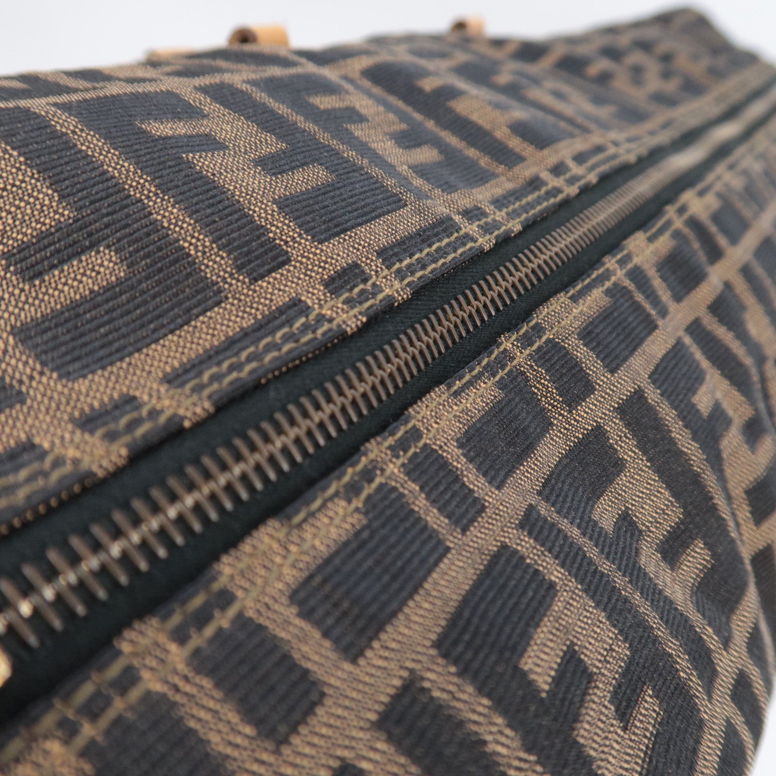 FENDI Zucca Canvas Leather Boston Bag Brown