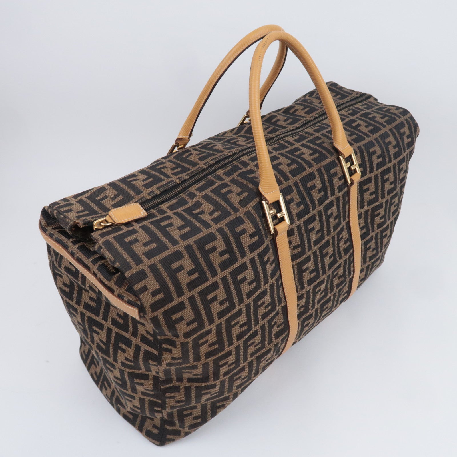 FENDI Zucca Canvas Leather Boston Bag Brown