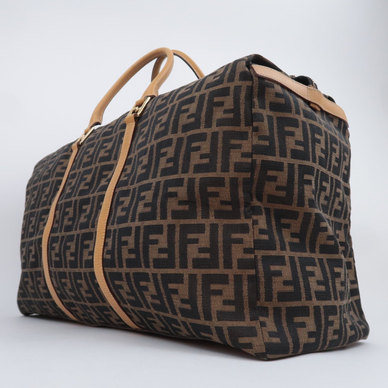 FENDI Zucca Canvas Leather Boston Bag Brown