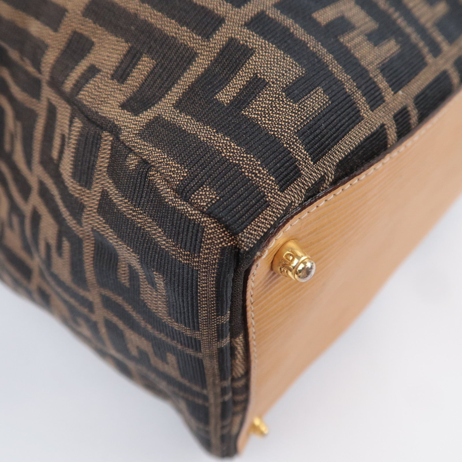 FENDI Zucca Canvas Leather Boston Bag Brown