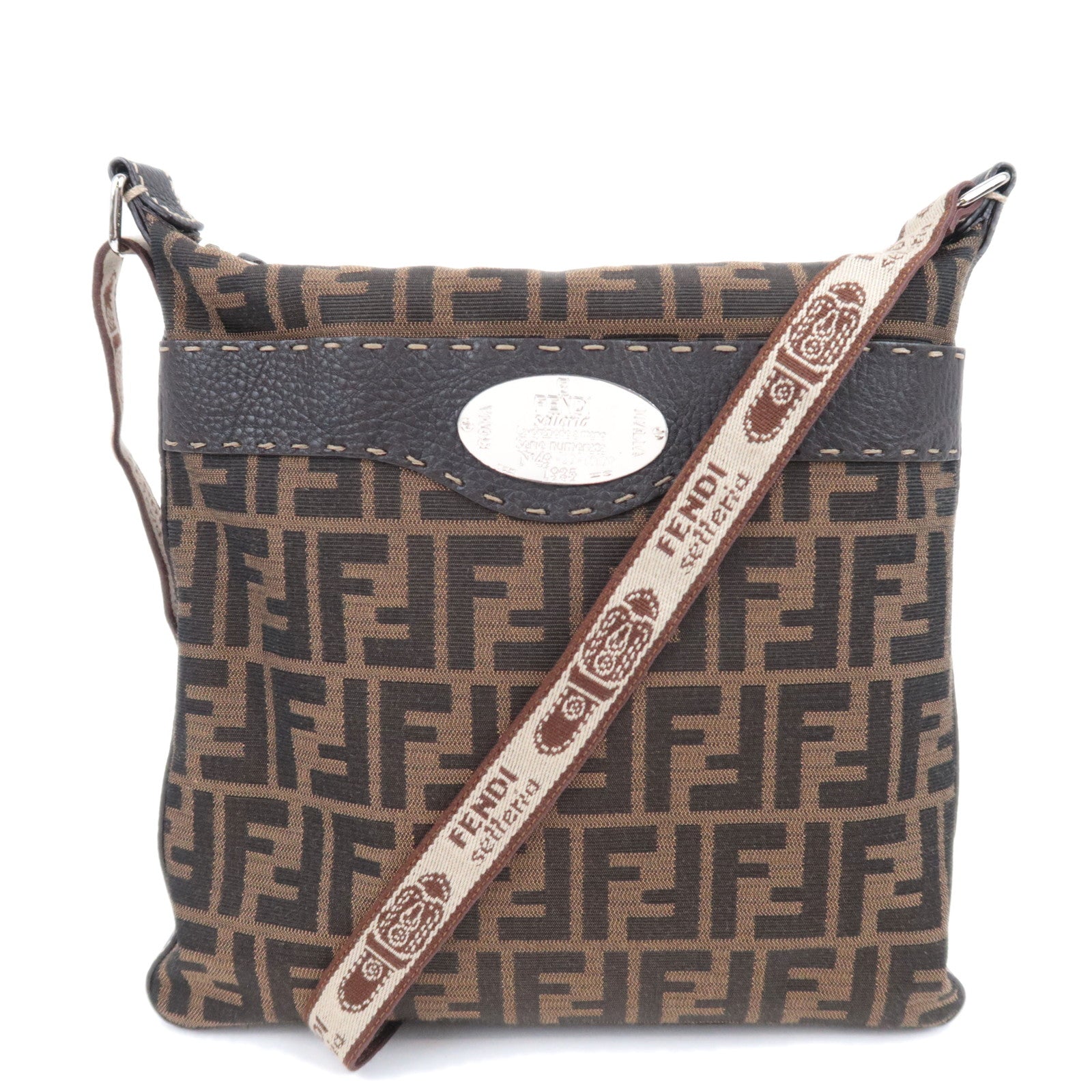 FENDI Selleria Zucca Canvas Leather Shoulder Bag Brown Black 8BT10990497