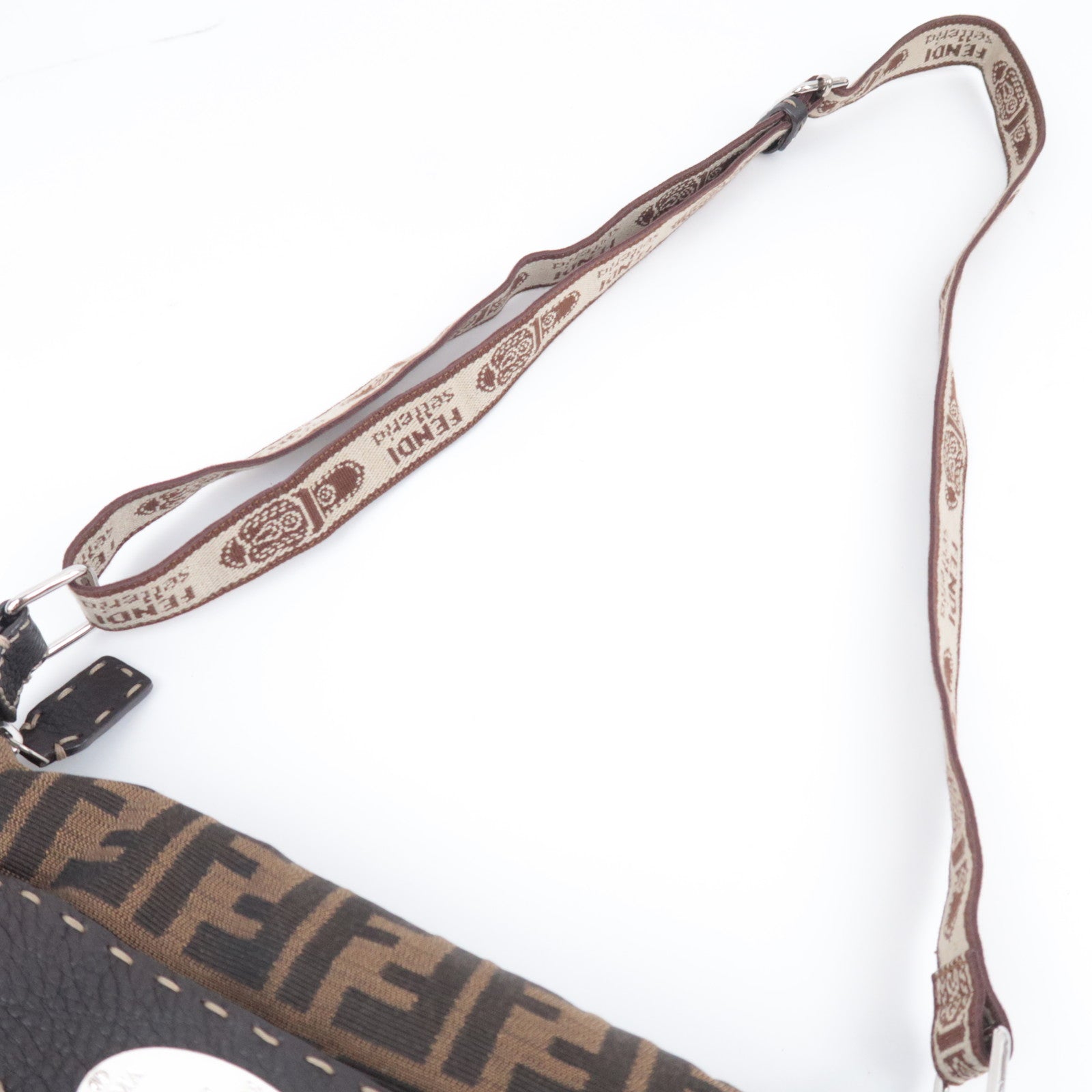 FENDI Selleria Zucca Canvas Leather Shoulder Bag Brown Black 8BT109
